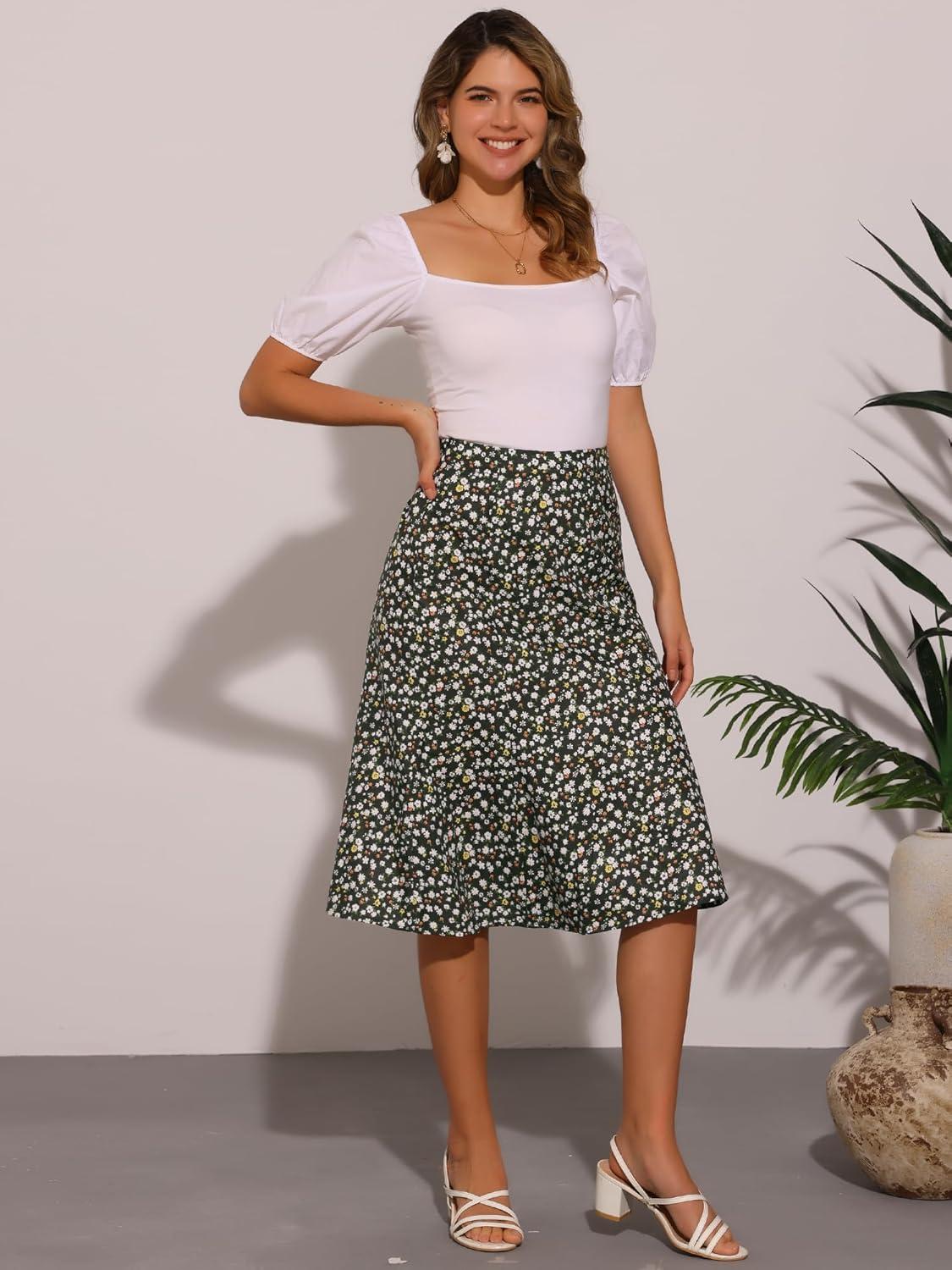 imageAllegra K Floral Skirt for Womens Elastic Waist ALine Midi SkirtsFloral Black White