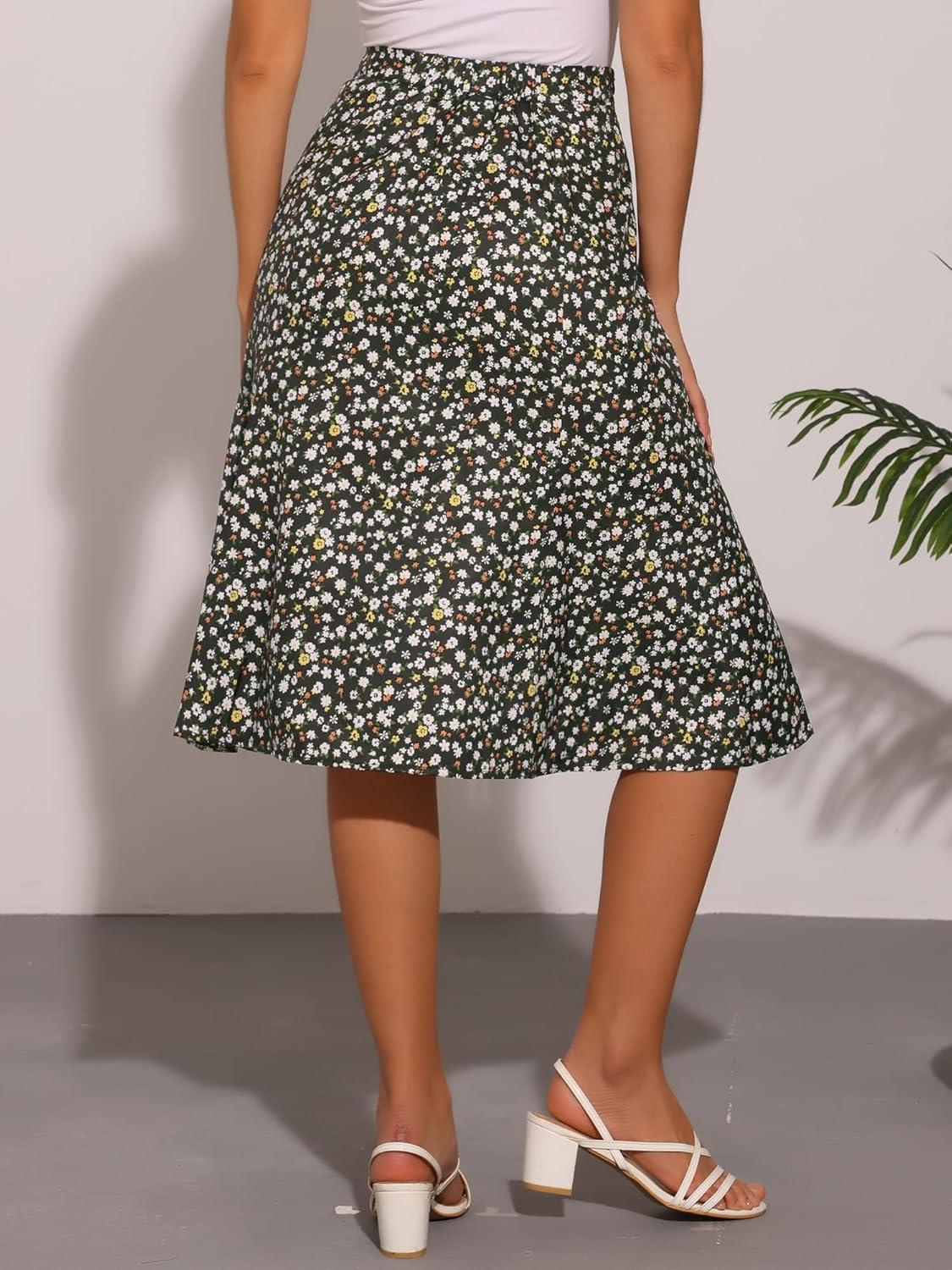 imageAllegra K Floral Skirt for Womens Elastic Waist ALine Midi SkirtsFloral Black White