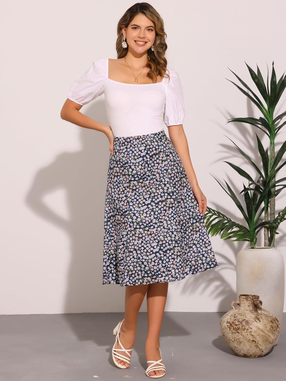 imageAllegra K Floral Skirt for Womens Elastic Waist ALine Midi SkirtsFloral Dark Blue