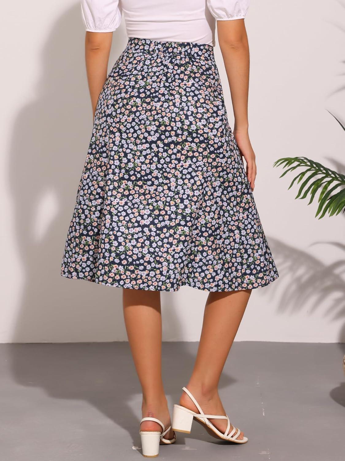 imageAllegra K Floral Skirt for Womens Elastic Waist ALine Midi SkirtsFloral Dark Blue