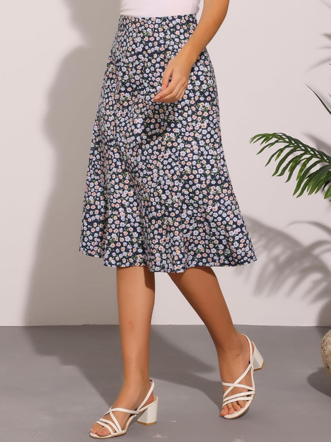 imageAllegra K Floral Skirt for Womens Elastic Waist ALine Midi SkirtsFloral Dark Blue