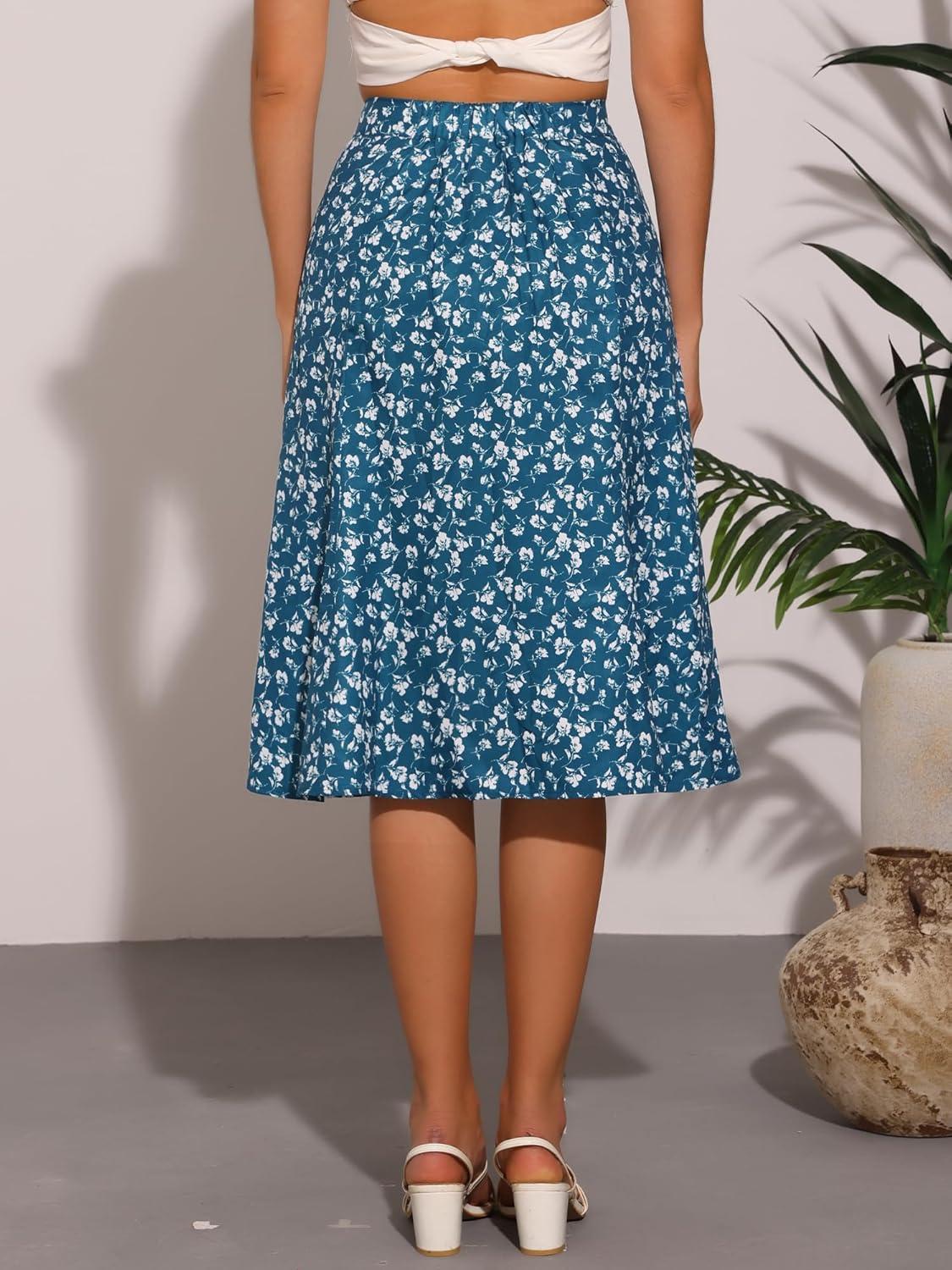 imageAllegra K Floral Skirt for Womens Elastic Waist ALine Midi SkirtsLake Blue