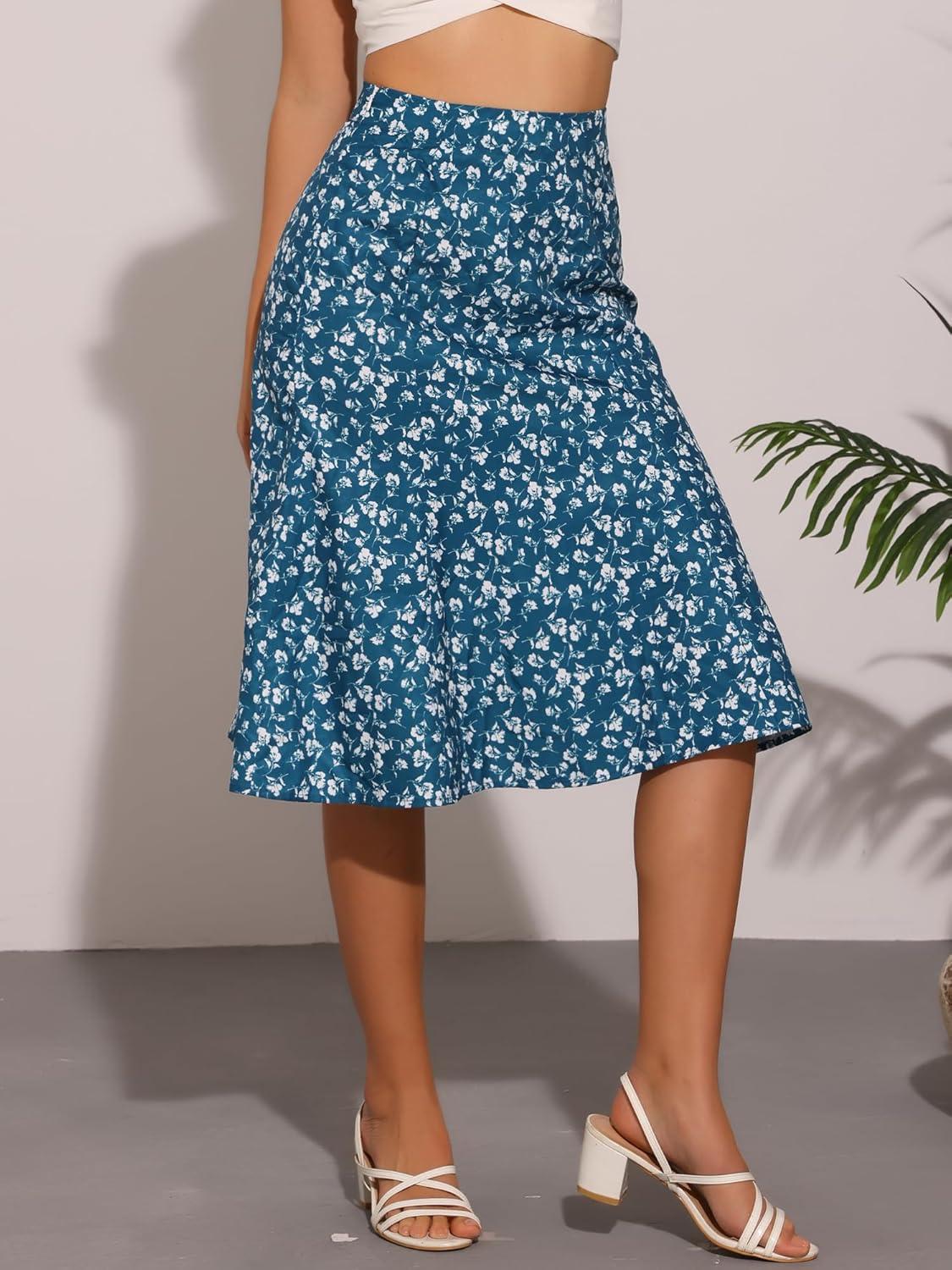imageAllegra K Floral Skirt for Womens Elastic Waist ALine Midi SkirtsLake Blue