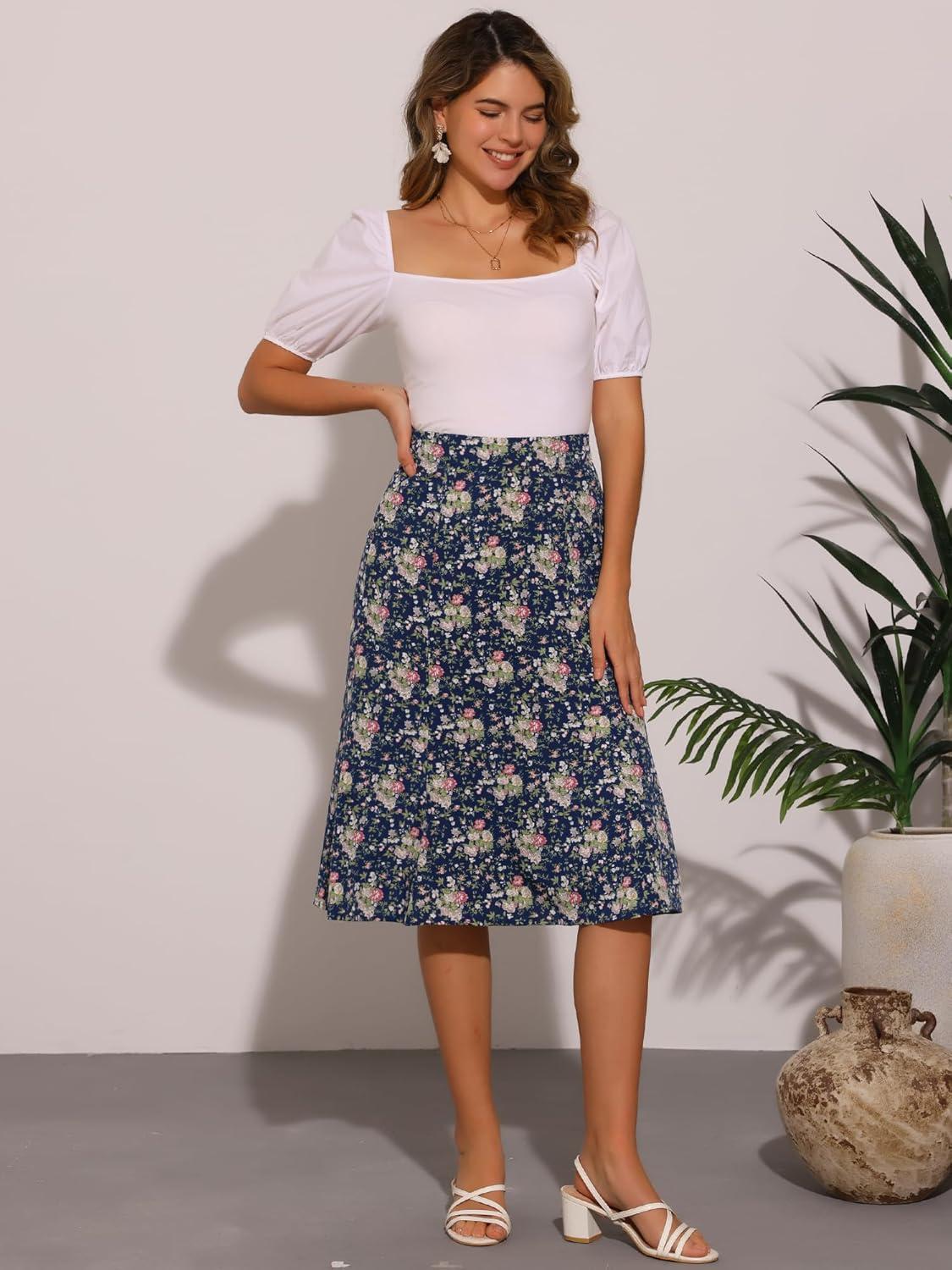 imageAllegra K Floral Skirt for Womens Elastic Waist ALine Midi SkirtsNavy Blue