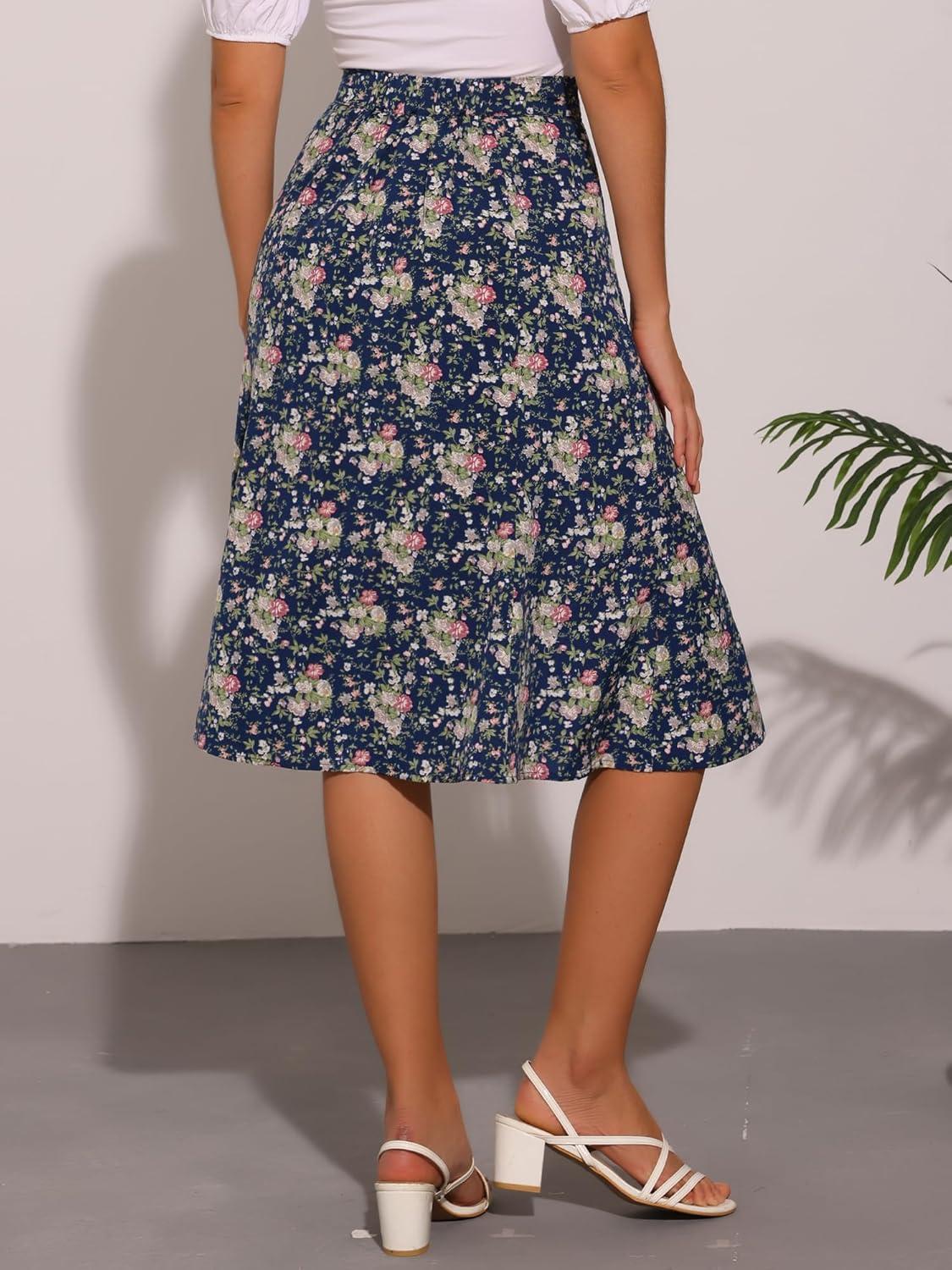 imageAllegra K Floral Skirt for Womens Elastic Waist ALine Midi SkirtsNavy Blue