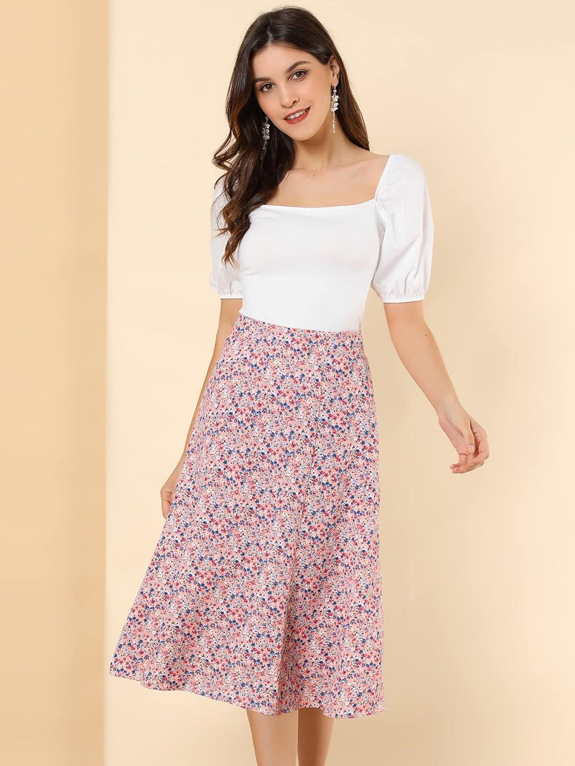 imageAllegra K Floral Skirt for Womens Elastic Waist ALine Midi SkirtsPink