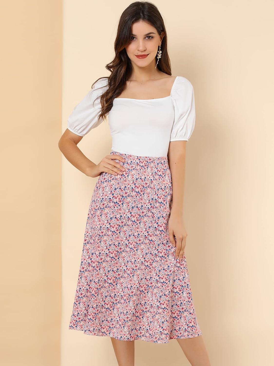 imageAllegra K Floral Skirt for Womens Elastic Waist ALine Midi SkirtsPink