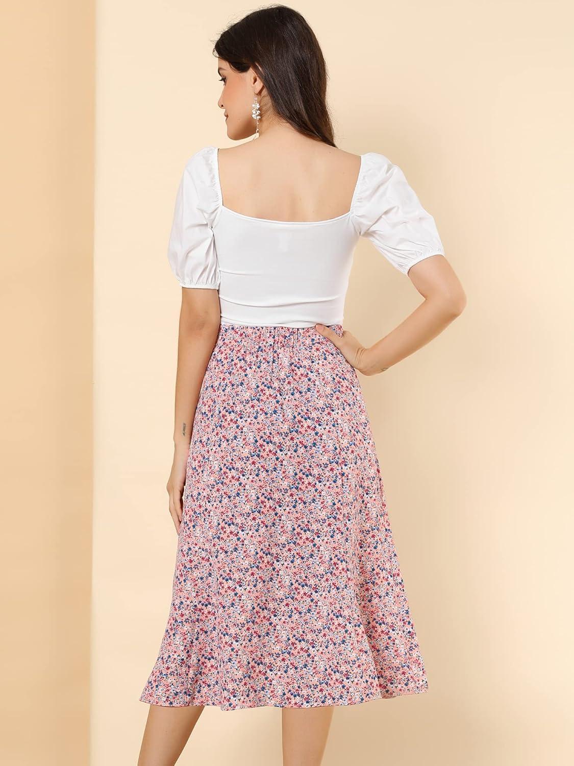 imageAllegra K Floral Skirt for Womens Elastic Waist ALine Midi SkirtsPink