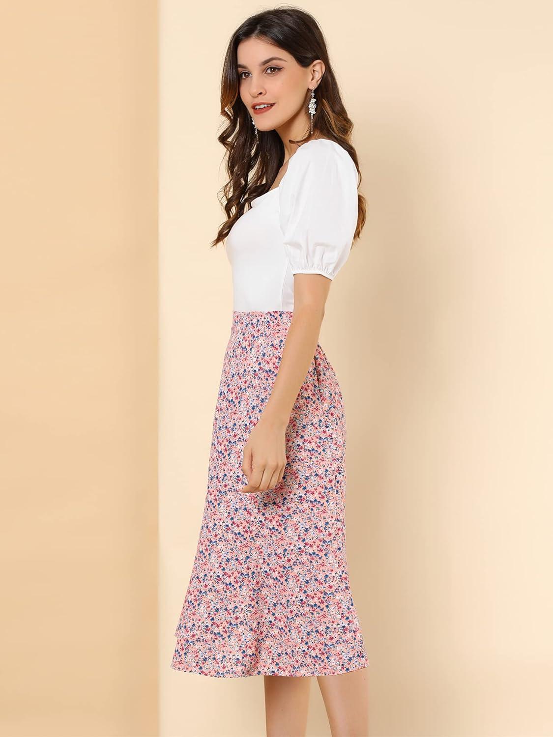 imageAllegra K Floral Skirt for Womens Elastic Waist ALine Midi SkirtsPink