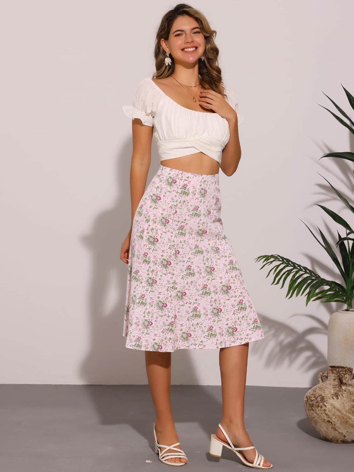 imageAllegra K Floral Skirt for Womens Elastic Waist ALine Midi SkirtsPink Flower