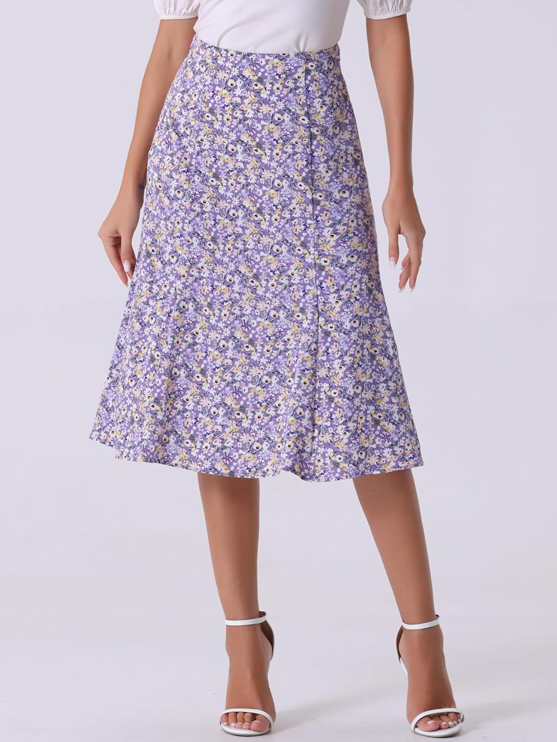 imageAllegra K Floral Skirt for Womens Elastic Waist ALine Midi SkirtsPurple