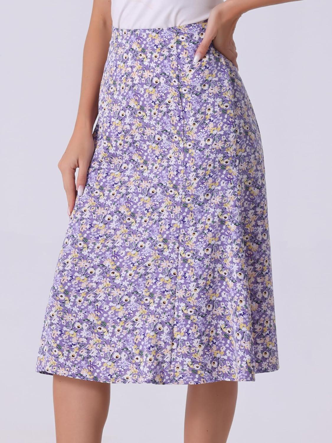 imageAllegra K Floral Skirt for Womens Elastic Waist ALine Midi SkirtsPurple