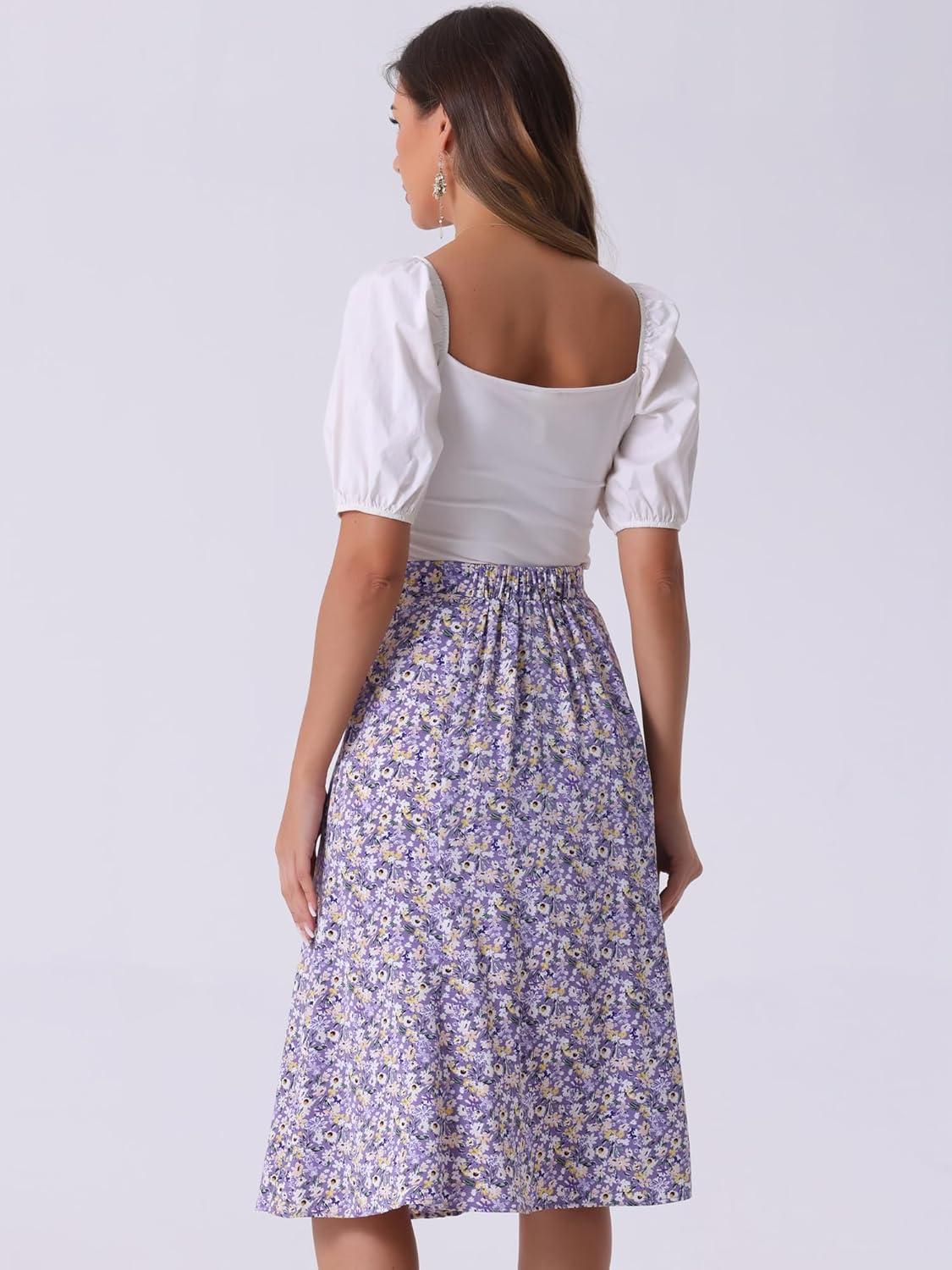 imageAllegra K Floral Skirt for Womens Elastic Waist ALine Midi SkirtsPurple