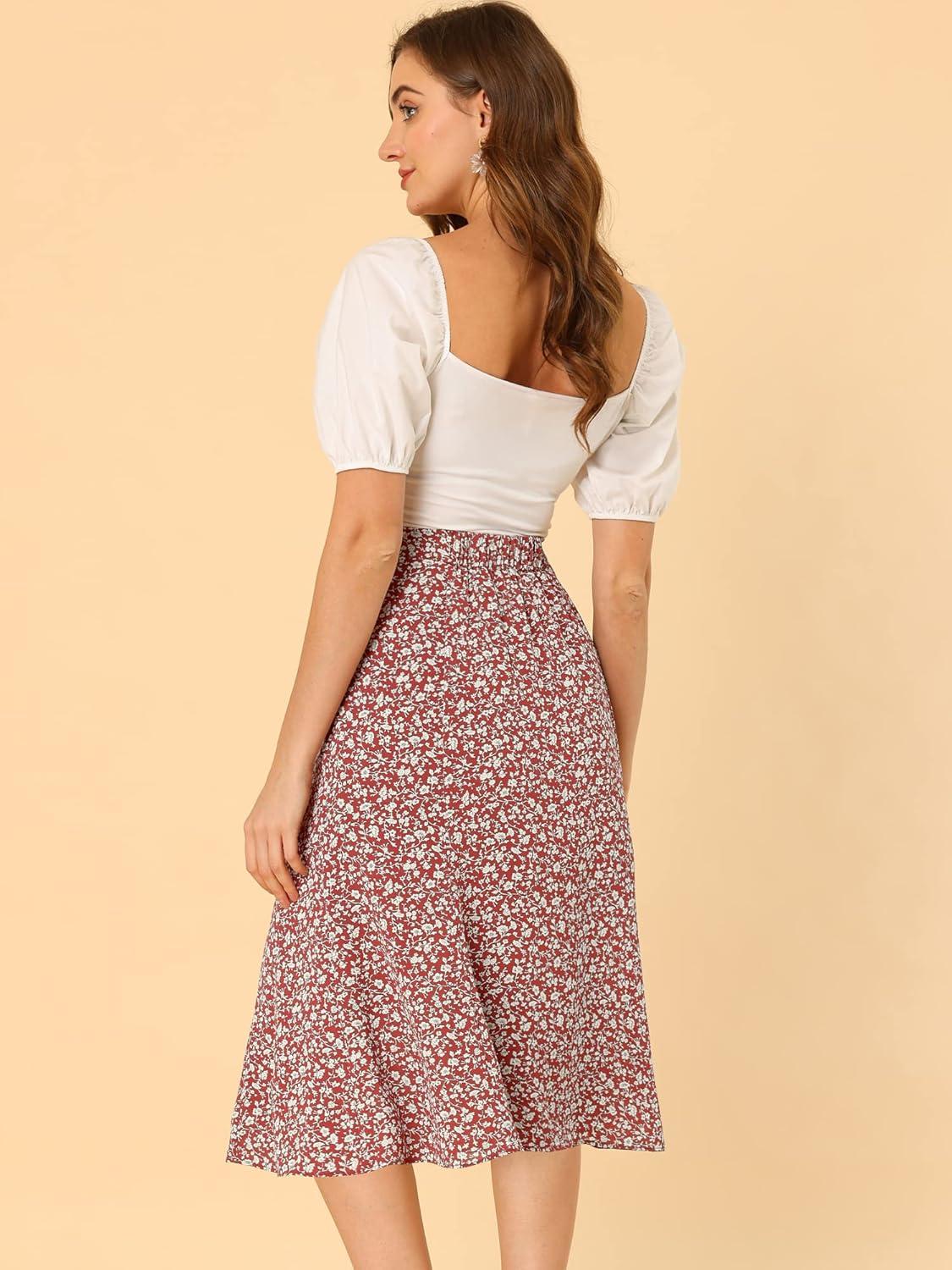 imageAllegra K Floral Skirt for Womens Elastic Waist ALine Midi SkirtsRed White