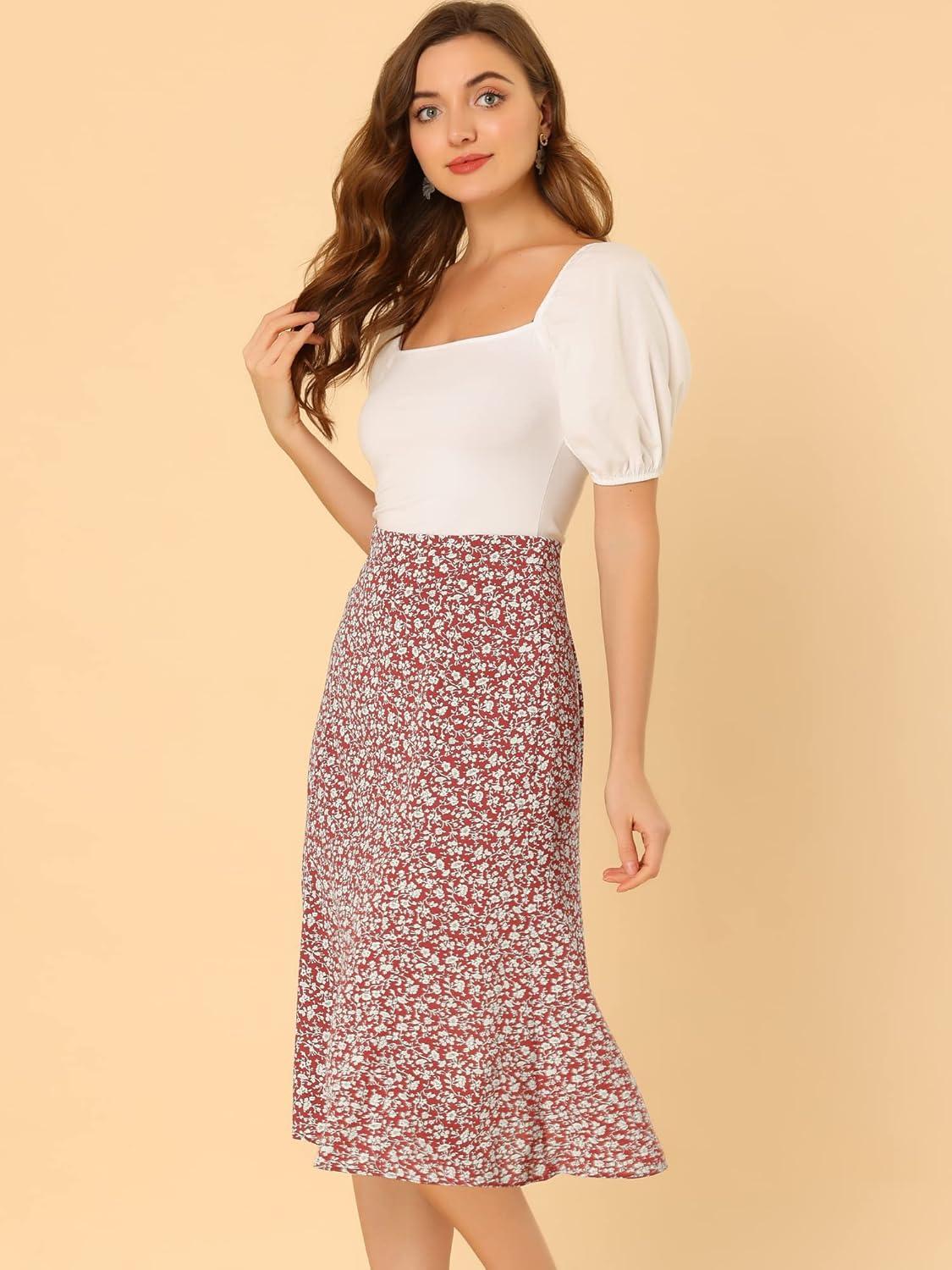 imageAllegra K Floral Skirt for Womens Elastic Waist ALine Midi SkirtsRed White