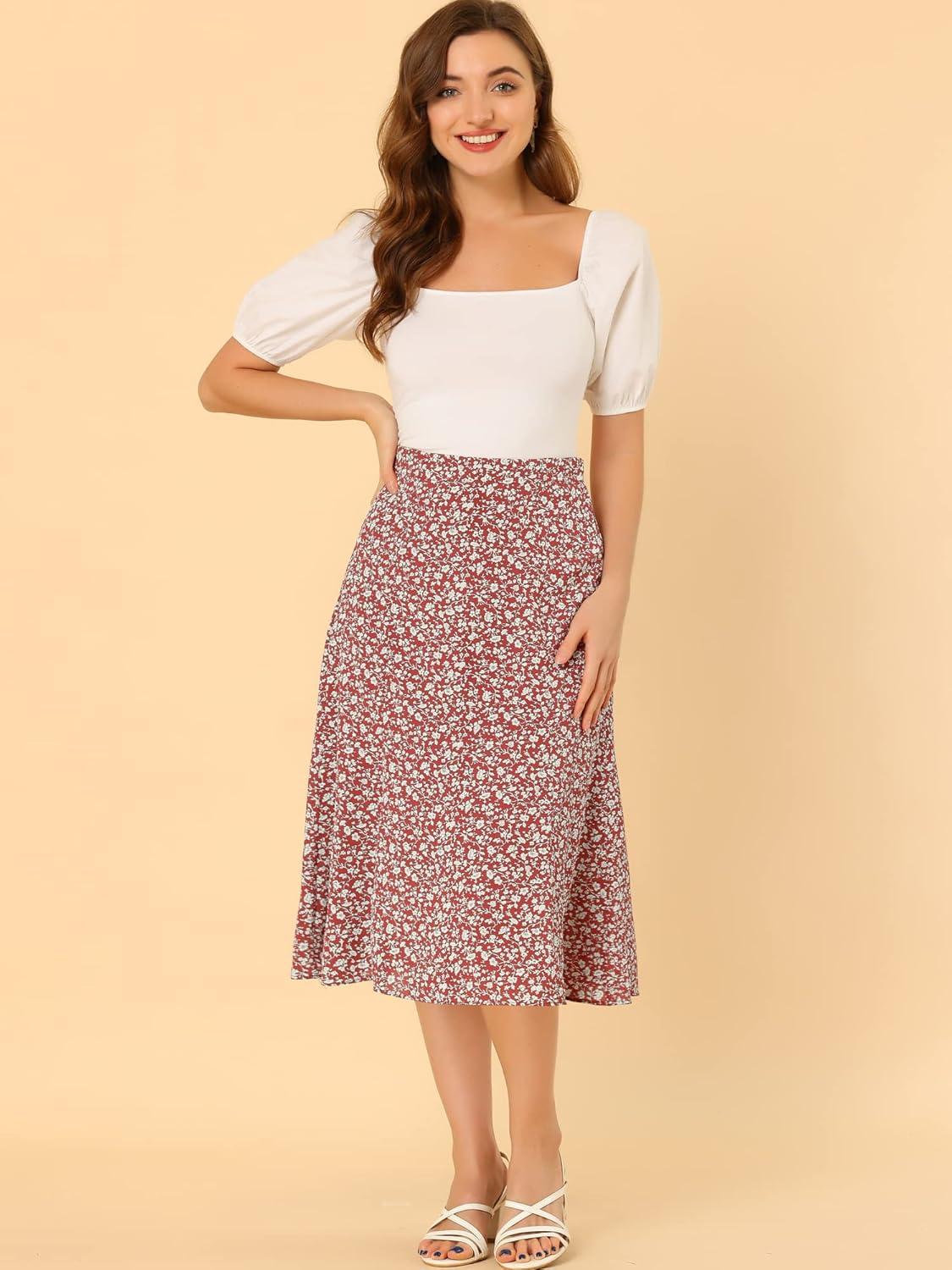 imageAllegra K Floral Skirt for Womens Elastic Waist ALine Midi SkirtsRed White