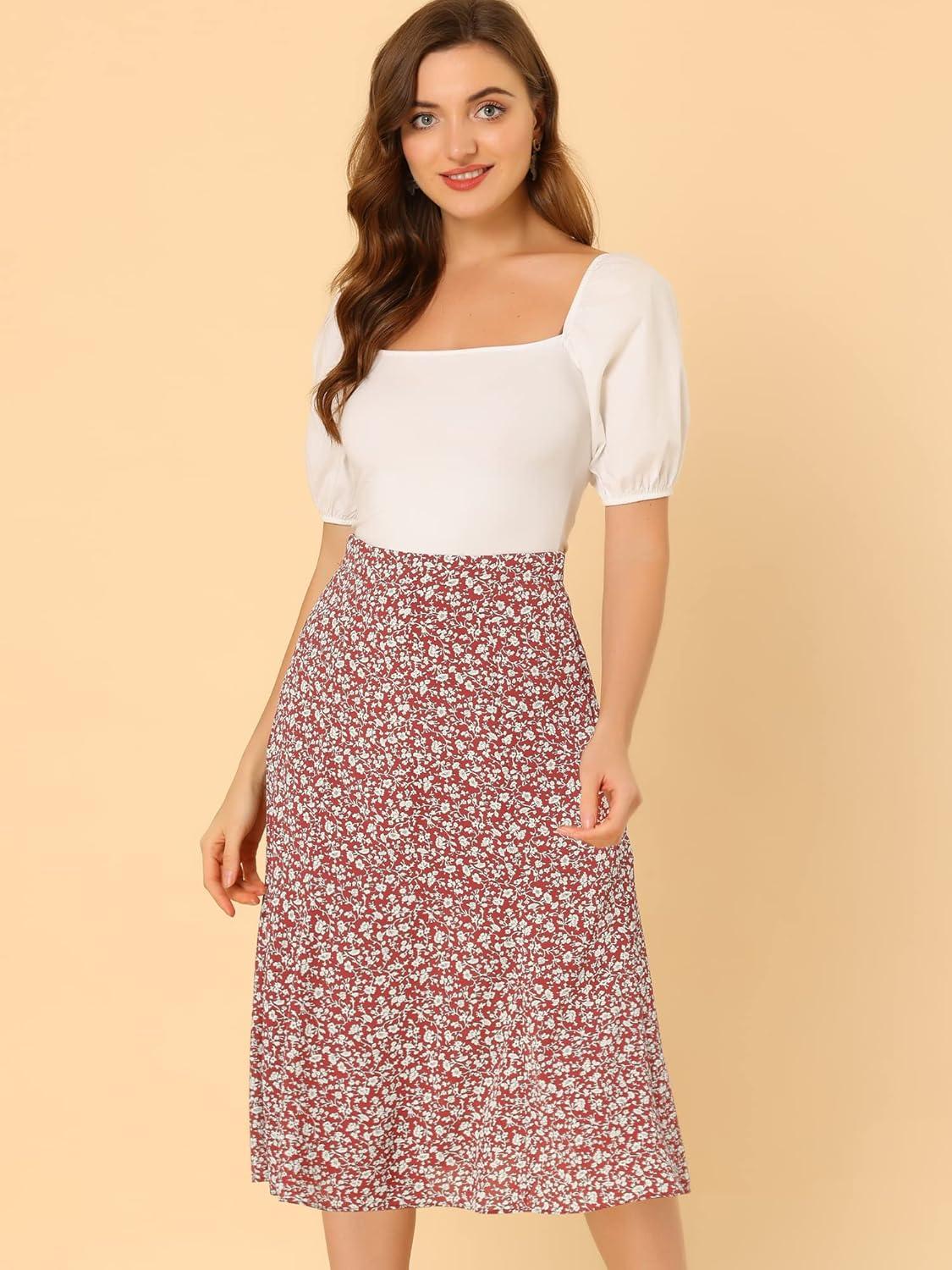 imageAllegra K Floral Skirt for Womens Elastic Waist ALine Midi SkirtsRed White