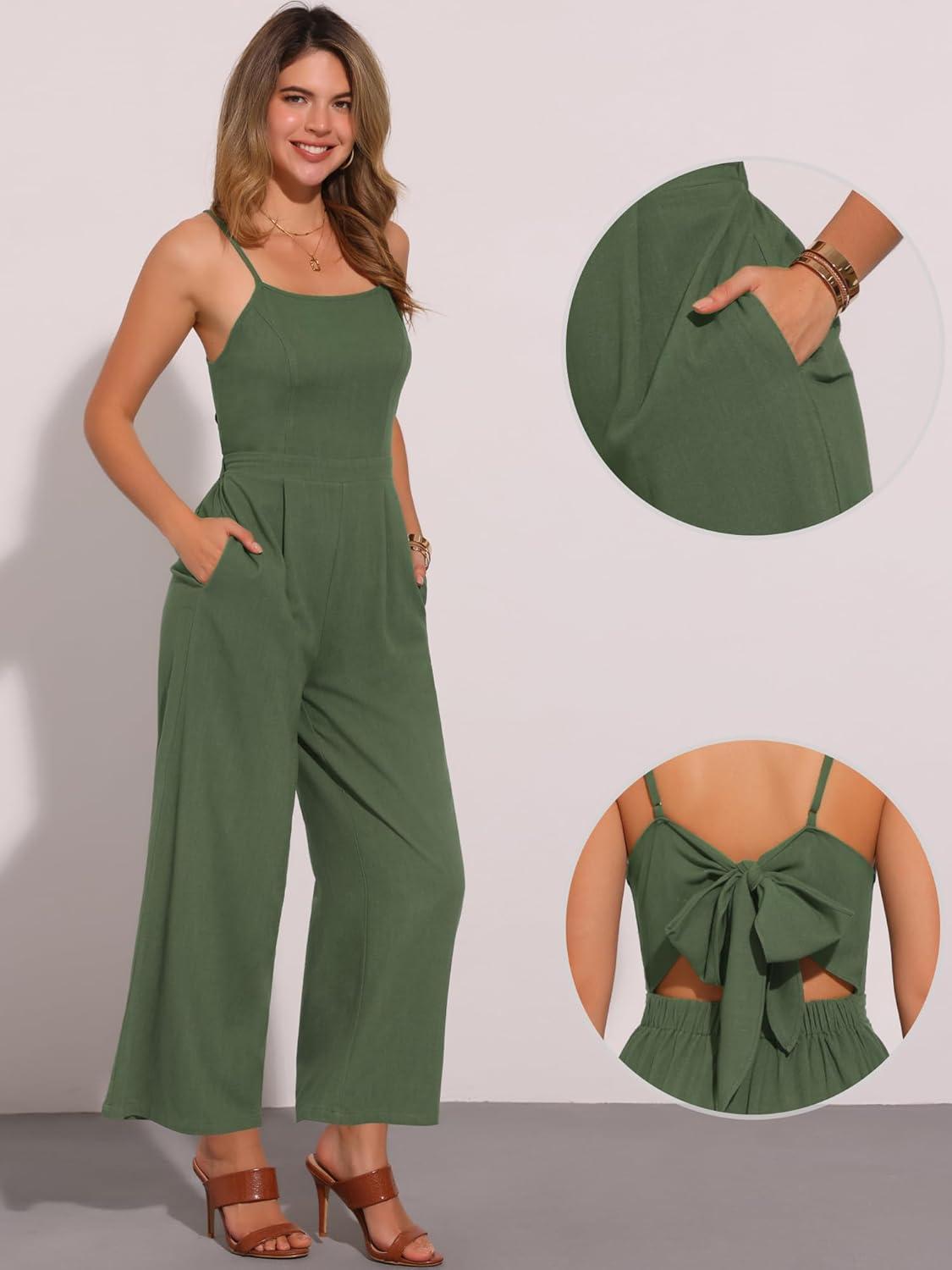 imageAllegra K Linen Jumpsuits for Womens Casual Spaghetti Strap Sleeveless Wide Legs RompersArmy Green