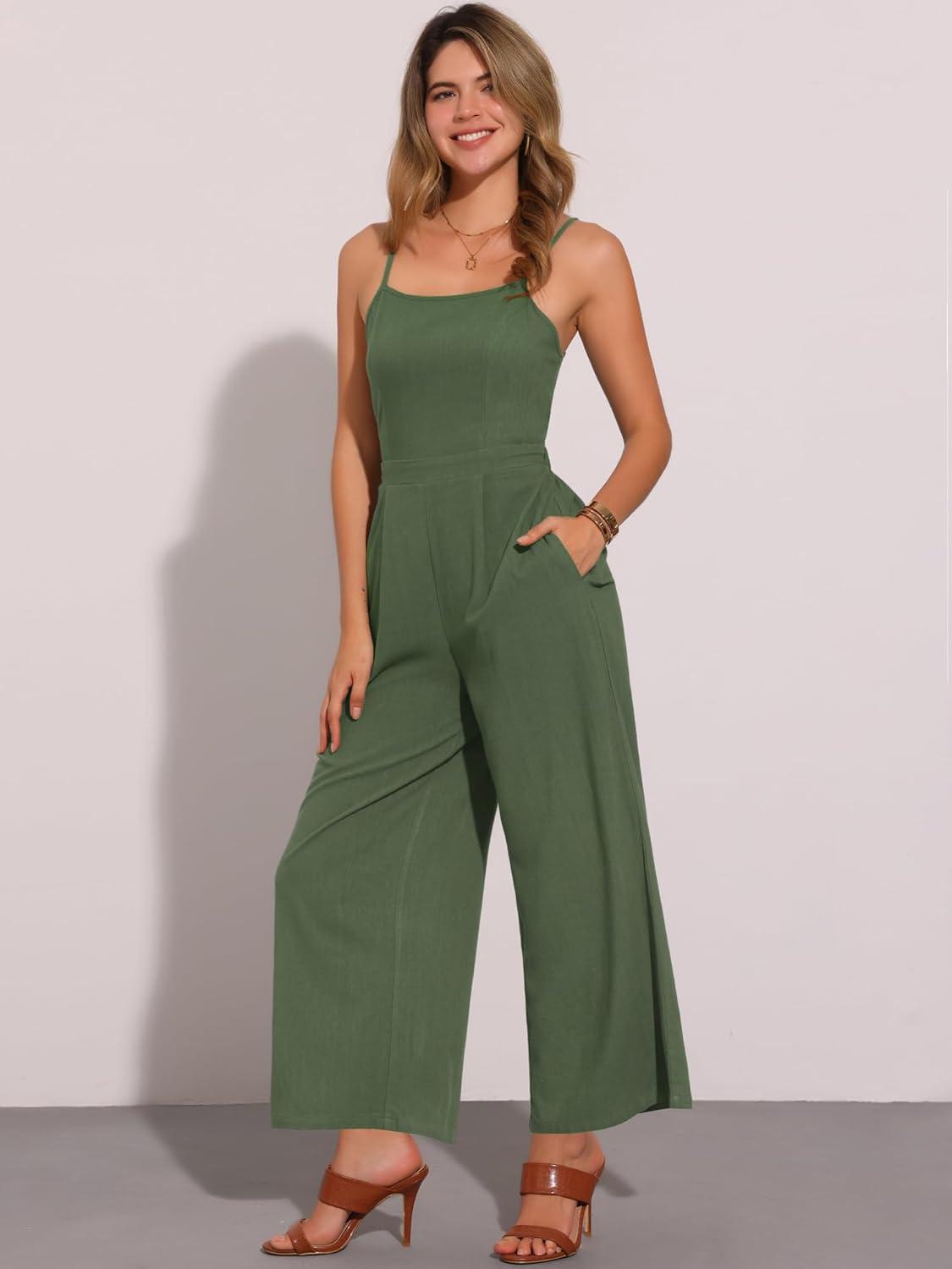imageAllegra K Linen Jumpsuits for Womens Casual Spaghetti Strap Sleeveless Wide Legs RompersArmy Green