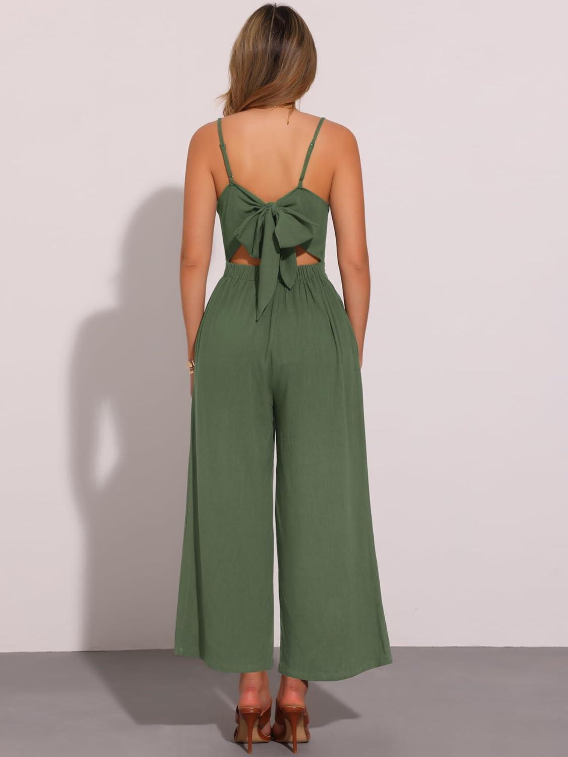 imageAllegra K Linen Jumpsuits for Womens Casual Spaghetti Strap Sleeveless Wide Legs RompersArmy Green