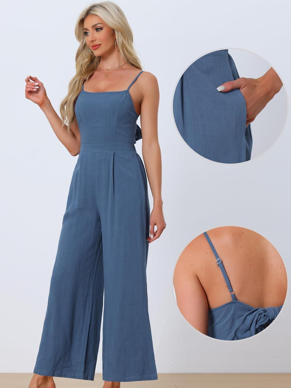 imageAllegra K Linen Jumpsuits for Womens Casual Spaghetti Strap Sleeveless Wide Legs RompersDark Blue