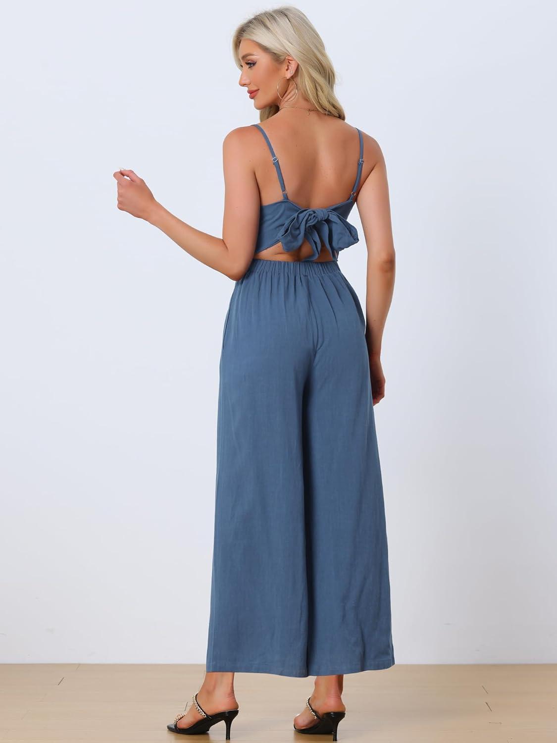 imageAllegra K Linen Jumpsuits for Womens Casual Spaghetti Strap Sleeveless Wide Legs RompersDark Blue