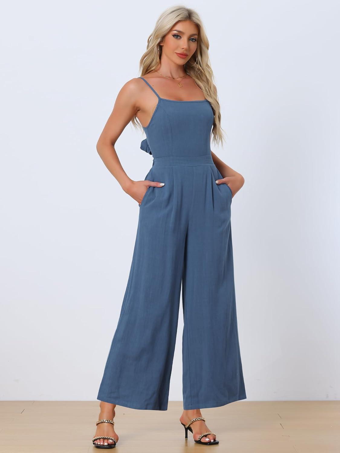 imageAllegra K Linen Jumpsuits for Womens Casual Spaghetti Strap Sleeveless Wide Legs RompersDark Blue