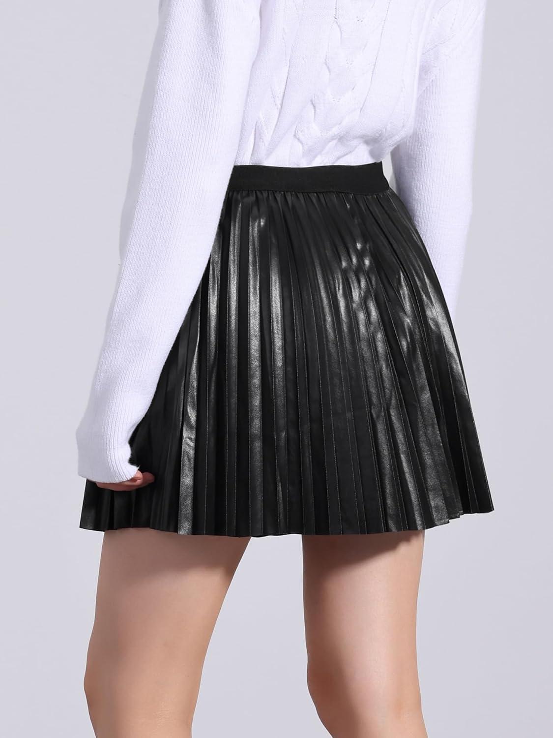imageAllegra K PU Leather Pleated Skirt for Womens Casual Party Elastic Waist Halloween Aline Mini SkirtsBlack