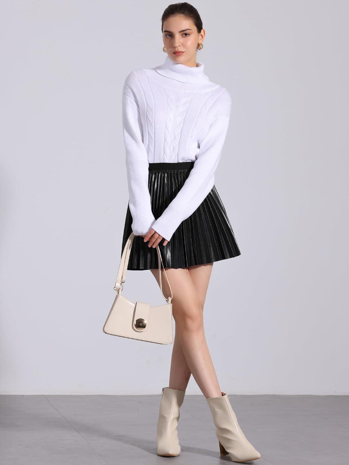 imageAllegra K PU Leather Pleated Skirt for Womens Casual Party Elastic Waist Halloween Aline Mini SkirtsBlack