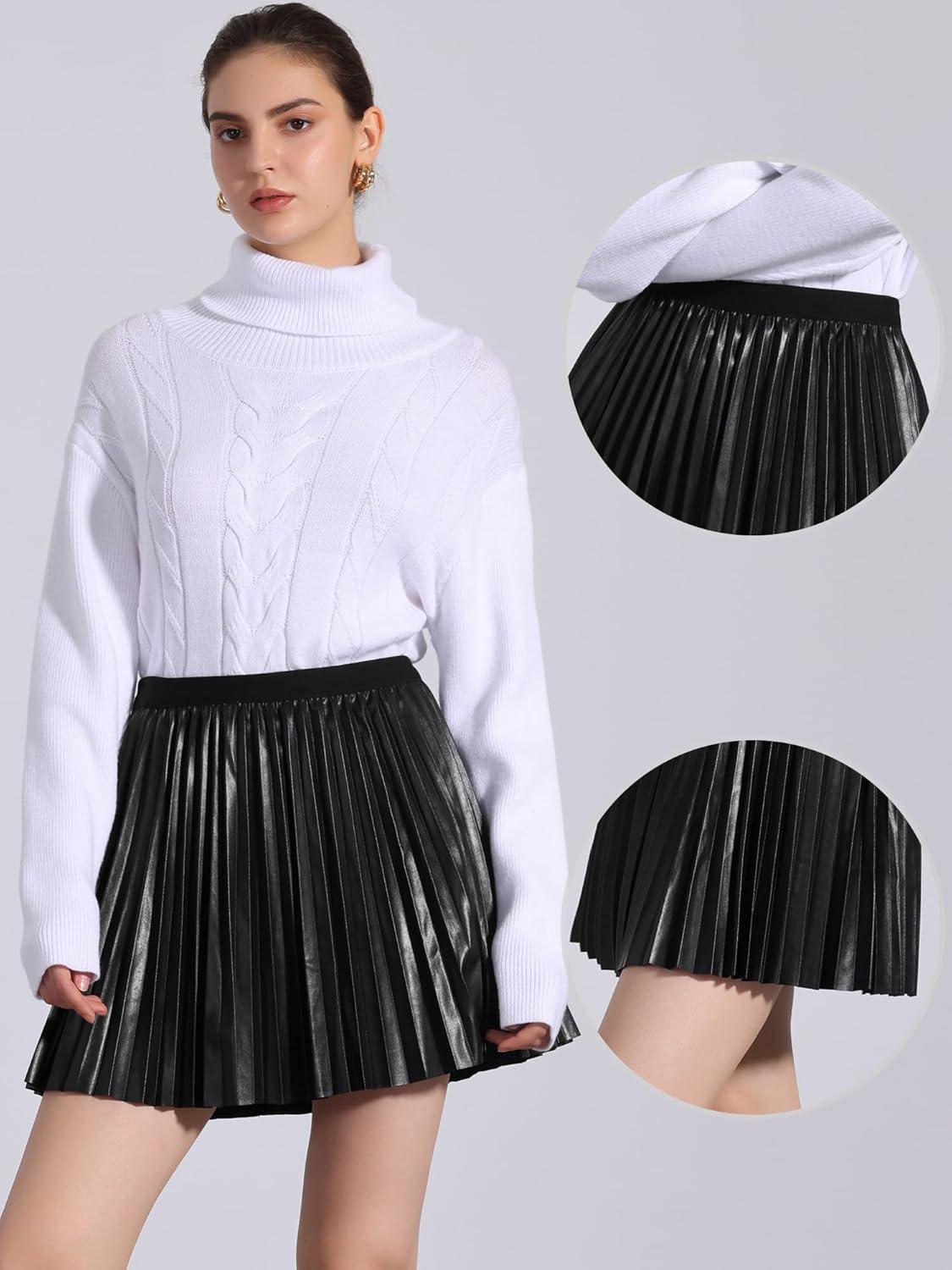 imageAllegra K PU Leather Pleated Skirt for Womens Casual Party Elastic Waist Halloween Aline Mini SkirtsBlack