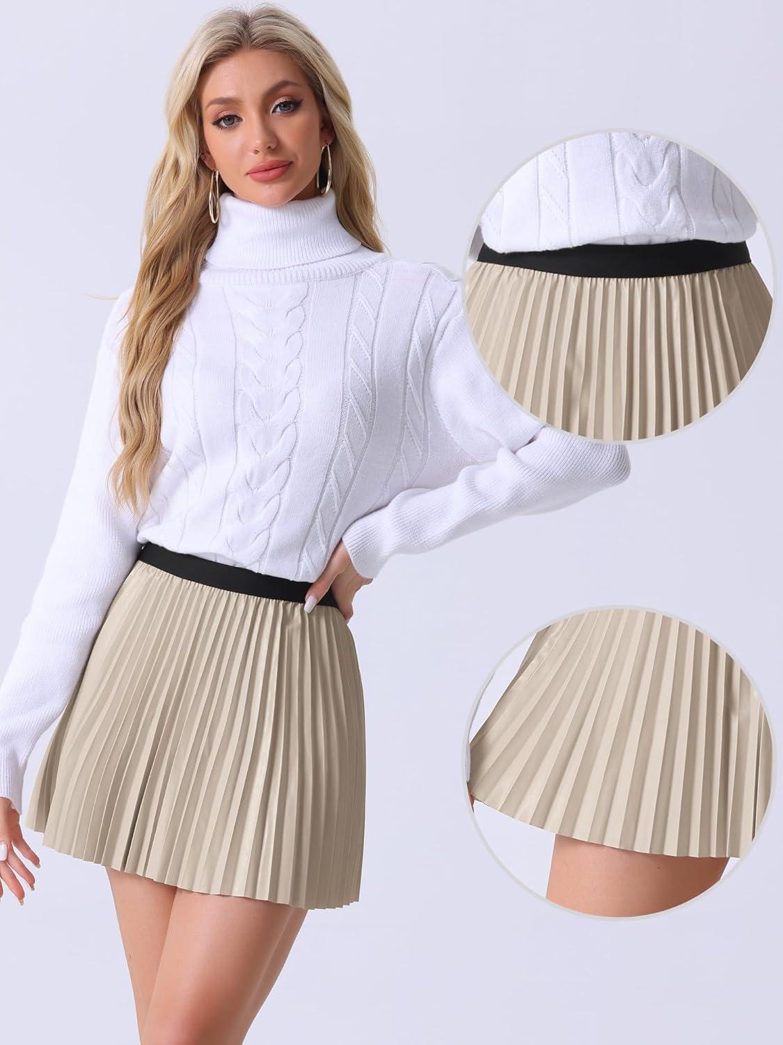 imageAllegra K PU Leather Pleated Skirt for Womens Casual Party Elastic Waist Halloween Aline Mini SkirtsKhaki