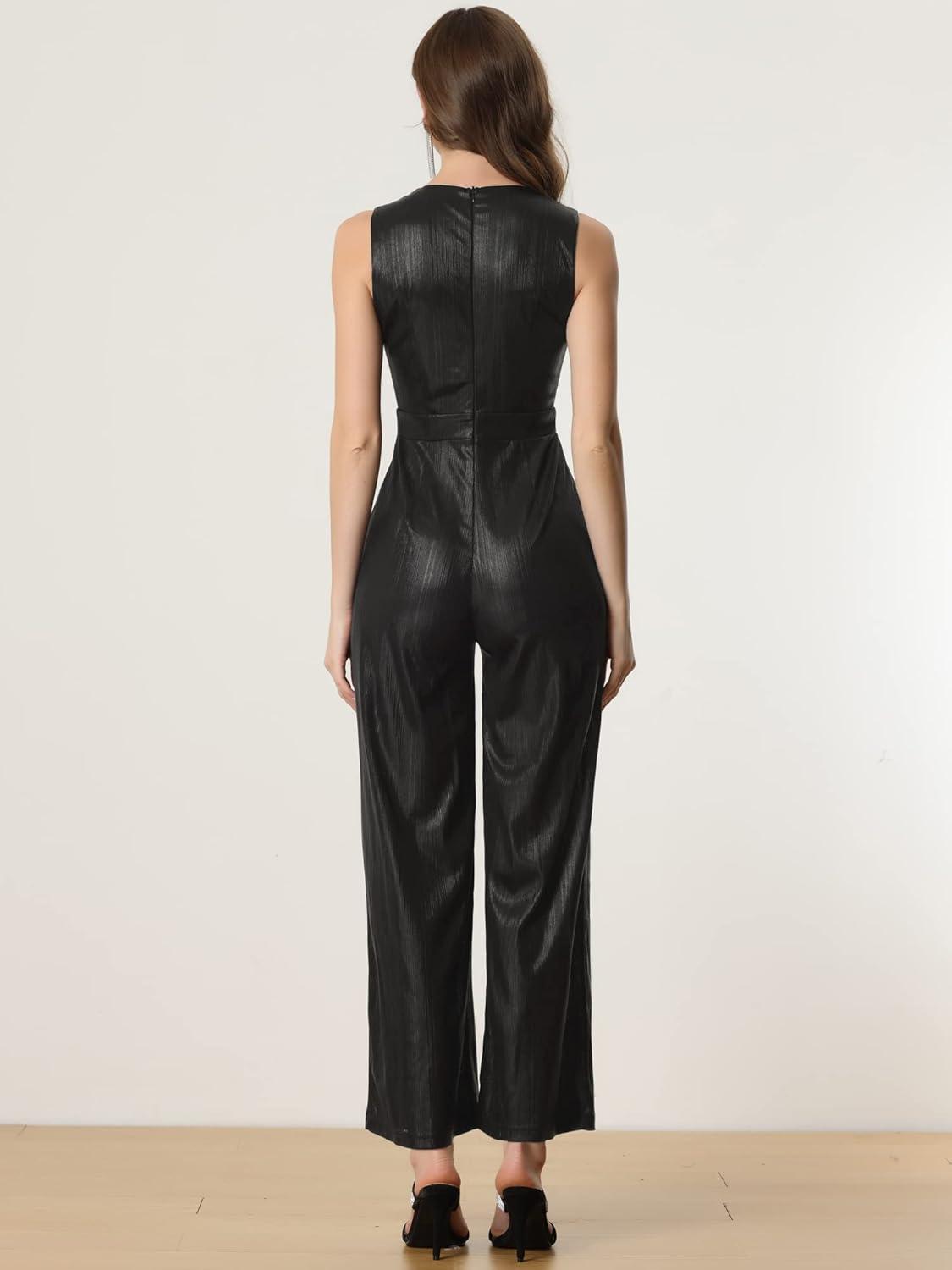 imageAllegra K Sequin Jumpsuit for Womens V Neck Glitter Sparkly Metallic JumpsuitBlack