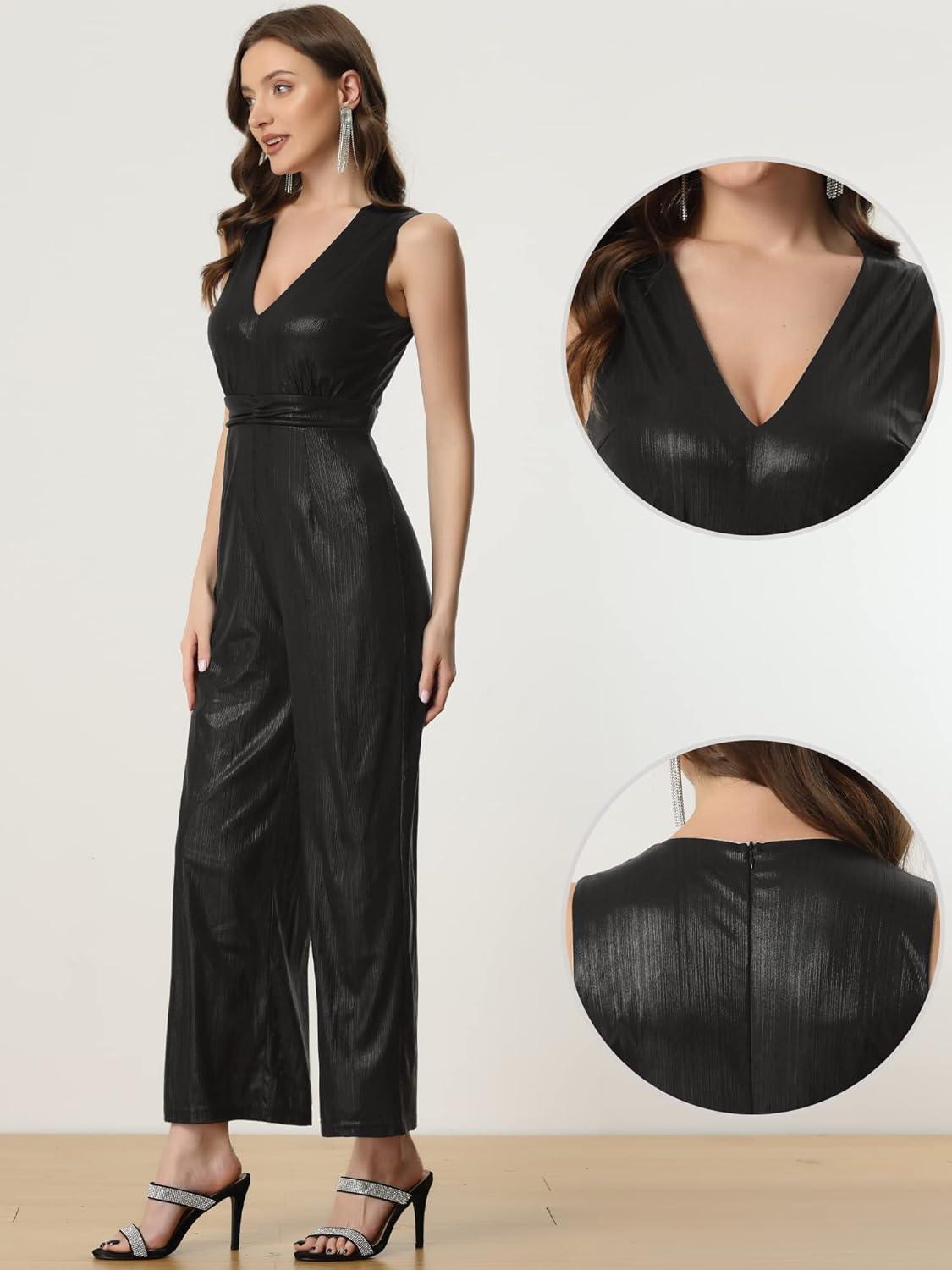 imageAllegra K Sequin Jumpsuit for Womens V Neck Glitter Sparkly Metallic JumpsuitBlack