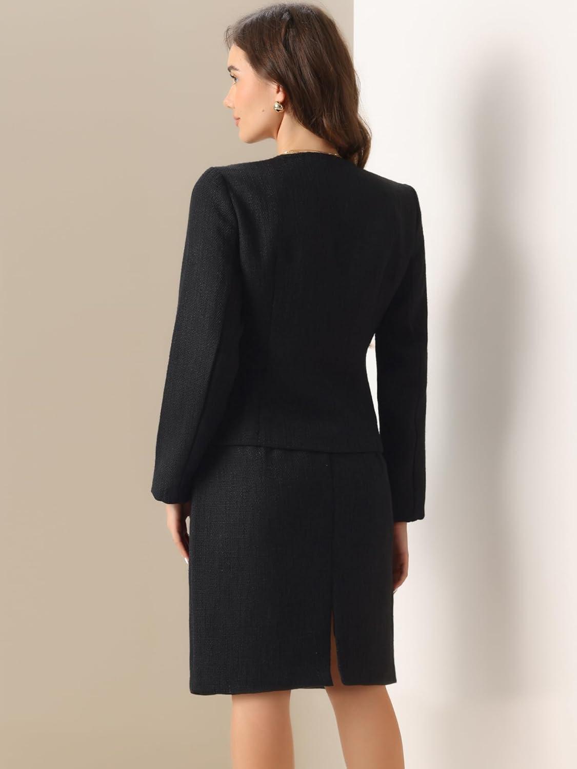 imageAllegra K Suit Set for Womens 2 Piece Outfits Tweed Peplum Collarless Blazer Jacket and Skirt SetsBlack