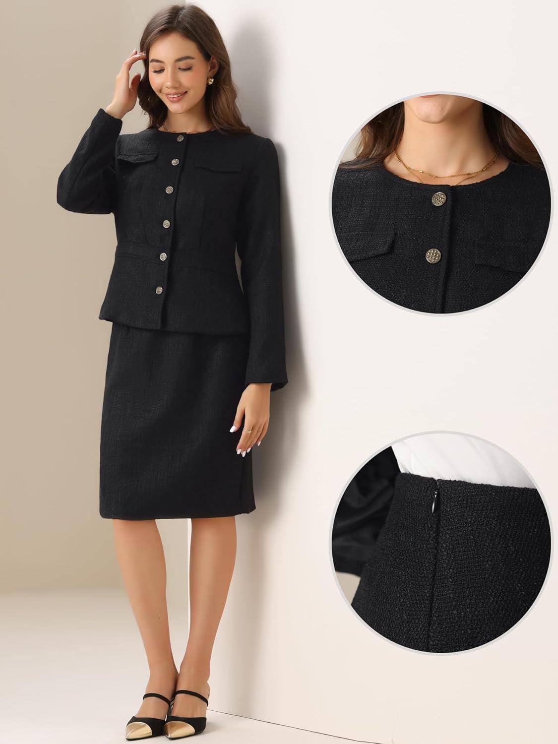 imageAllegra K Suit Set for Womens 2 Piece Outfits Tweed Peplum Collarless Blazer Jacket and Skirt SetsBlack