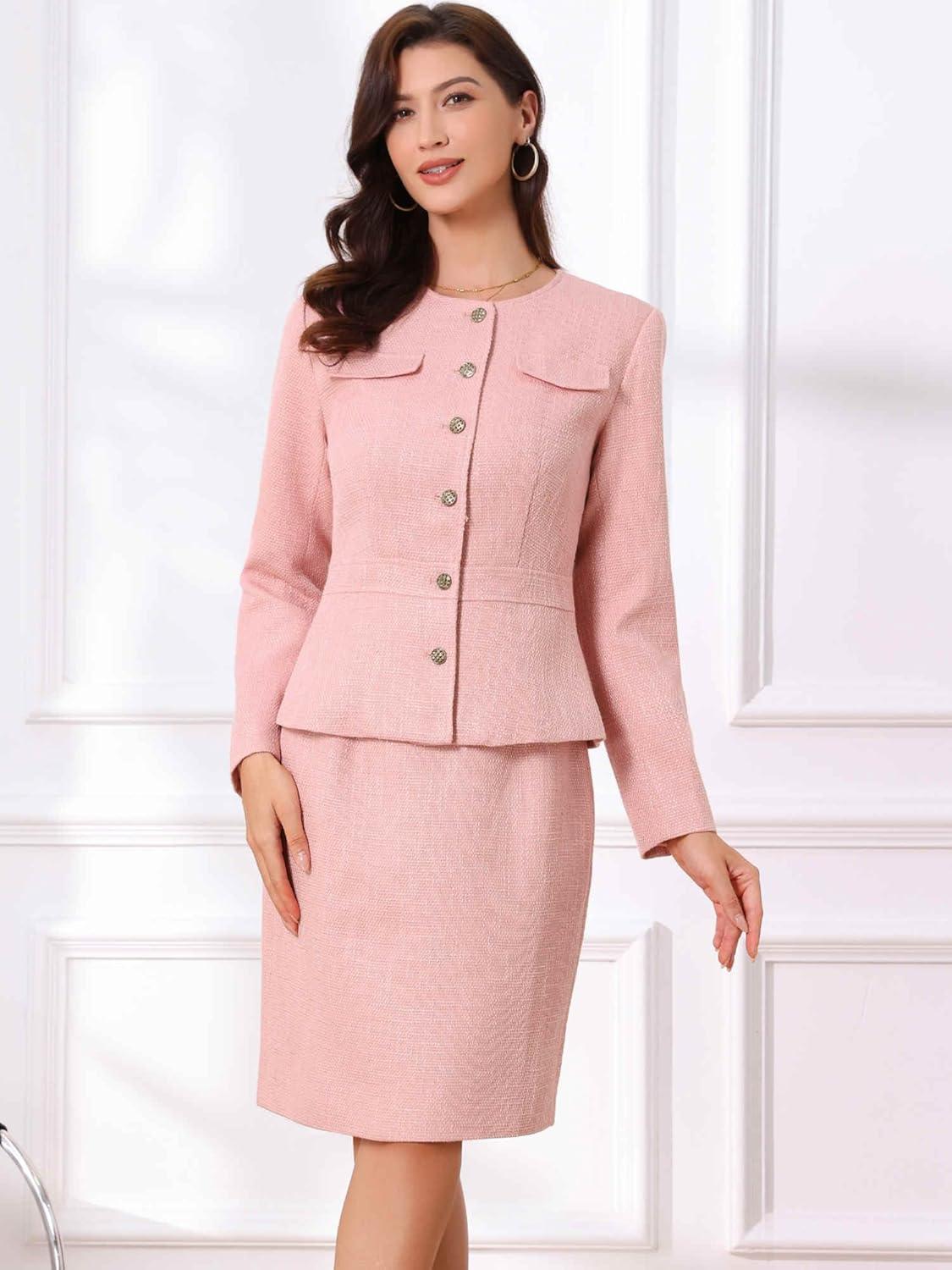 imageAllegra K Suit Set for Womens 2 Piece Outfits Tweed Peplum Collarless Blazer Jacket and Skirt SetsPink