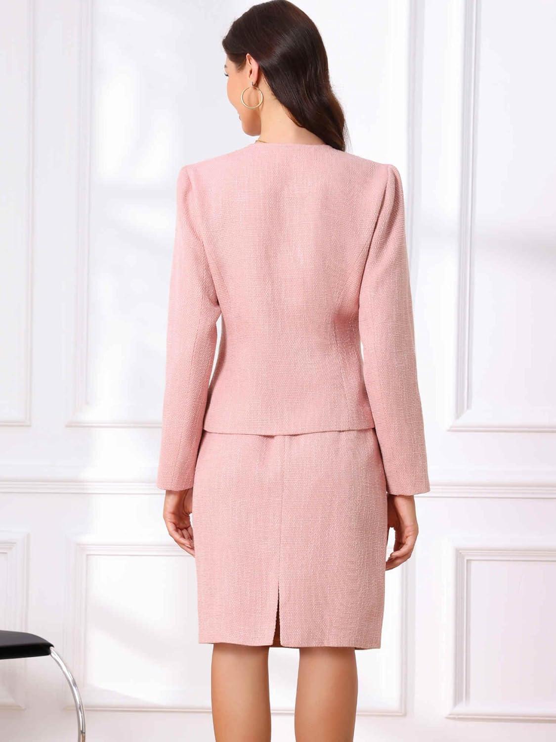 imageAllegra K Suit Set for Womens 2 Piece Outfits Tweed Peplum Collarless Blazer Jacket and Skirt SetsPink