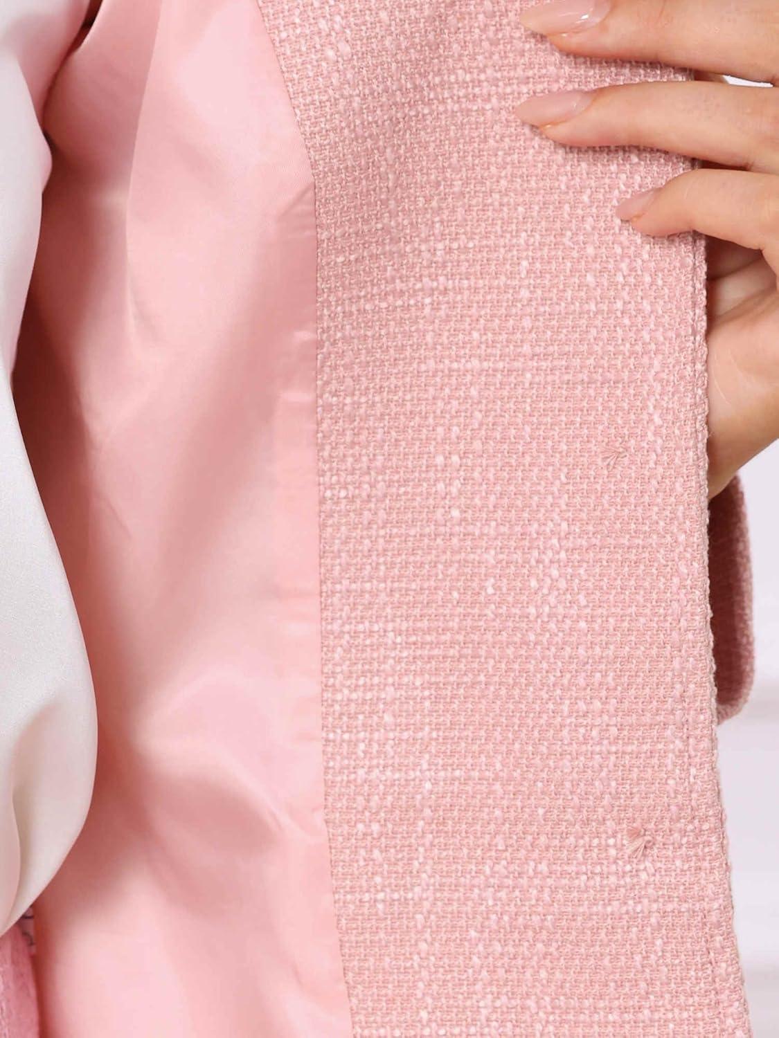 imageAllegra K Suit Set for Womens 2 Piece Outfits Tweed Peplum Collarless Blazer Jacket and Skirt SetsPink
