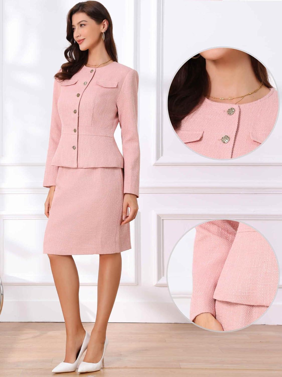 imageAllegra K Suit Set for Womens 2 Piece Outfits Tweed Peplum Collarless Blazer Jacket and Skirt SetsPink