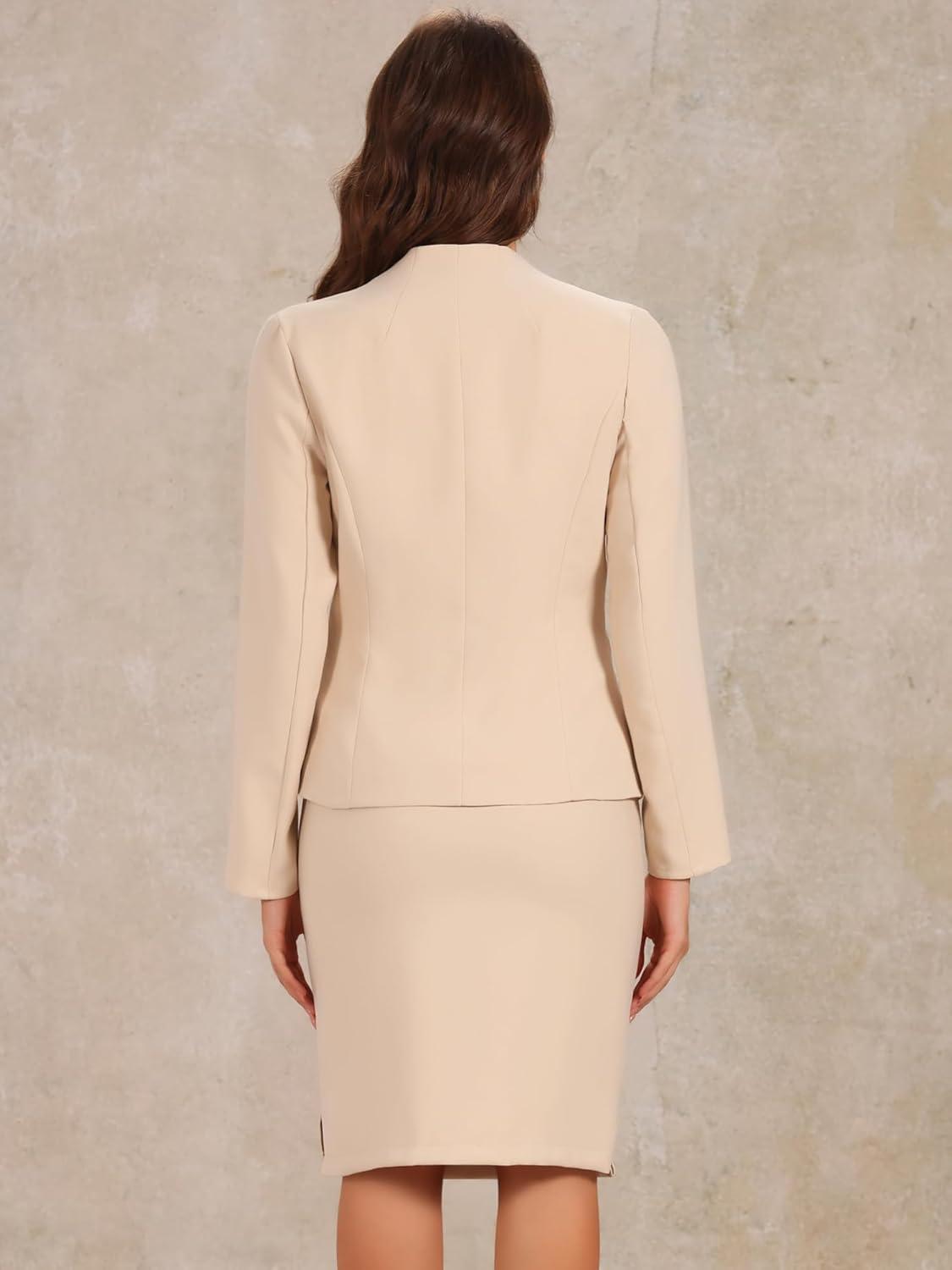 imageAllegra K Suits 2 Piece Skirt Set for Womens Business Office Outfits Collarless Blazer Pencil Skirts Suit SetsBeige