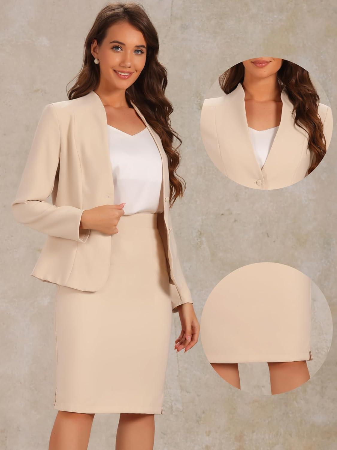 imageAllegra K Suits 2 Piece Skirt Set for Womens Business Office Outfits Collarless Blazer Pencil Skirts Suit SetsBeige