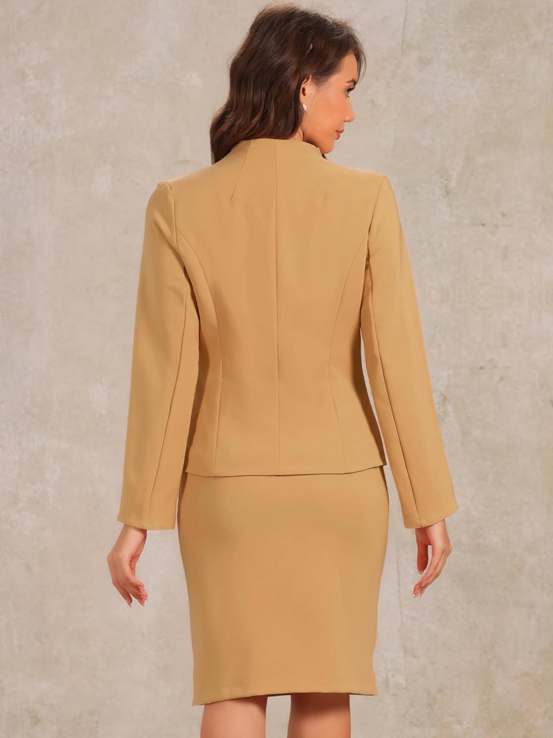imageAllegra K Suits 2 Piece Skirt Set for Womens Business Office Outfits Collarless Blazer Pencil Skirts Suit SetsBrown