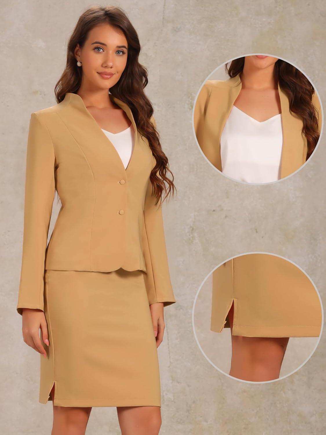 imageAllegra K Suits 2 Piece Skirt Set for Womens Business Office Outfits Collarless Blazer Pencil Skirts Suit SetsBrown