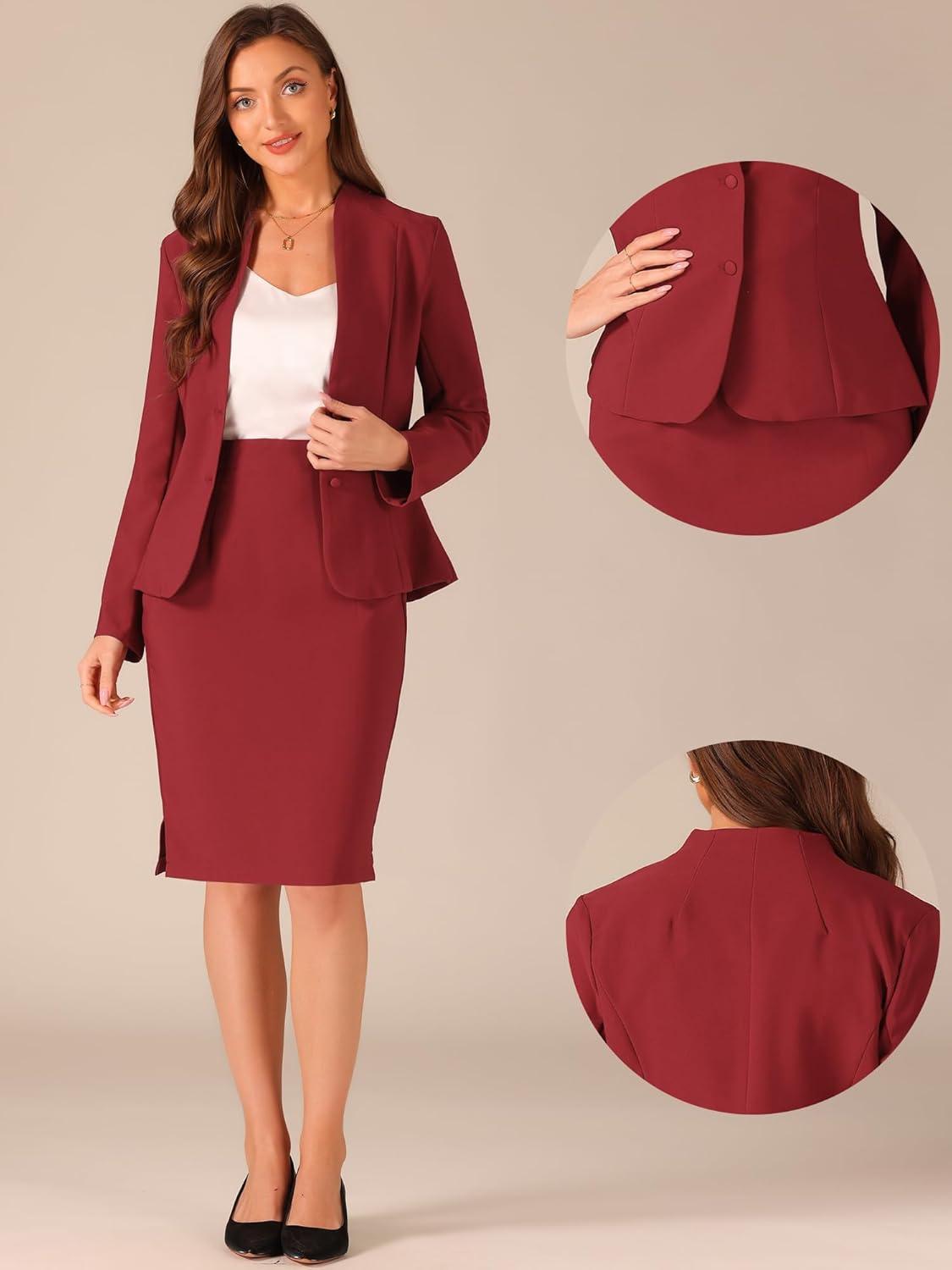 imageAllegra K Suits 2 Piece Skirt Set for Womens Business Office Outfits Collarless Blazer Pencil Skirts Suit SetsBurgundy
