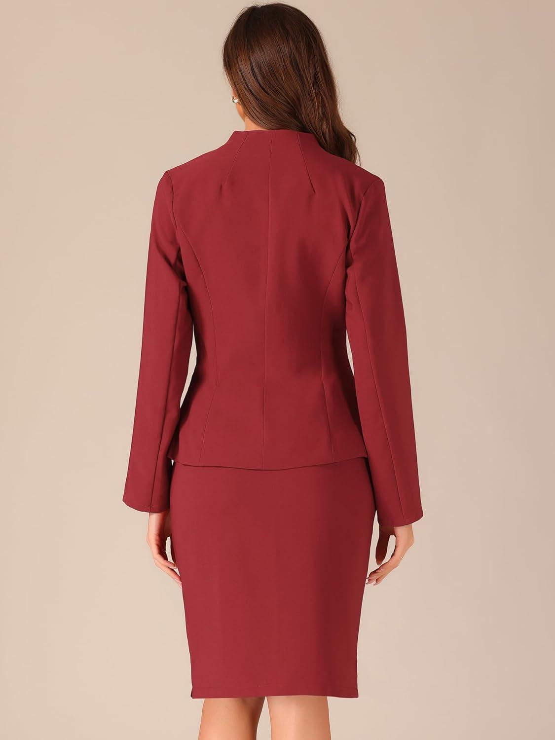 imageAllegra K Suits 2 Piece Skirt Set for Womens Business Office Outfits Collarless Blazer Pencil Skirts Suit SetsBurgundy