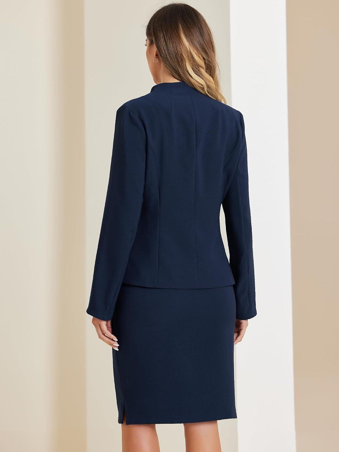 imageAllegra K Suits 2 Piece Skirt Set for Womens Business Office Outfits Collarless Blazer Pencil Skirts Suit SetsDark Blue