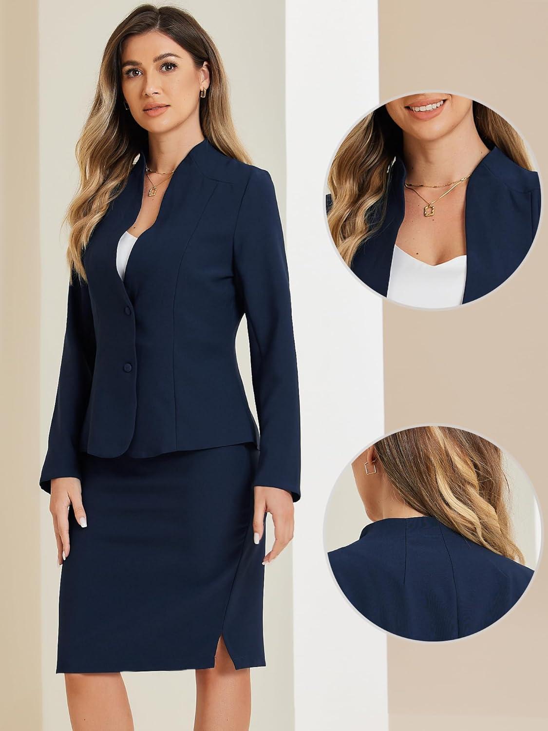 imageAllegra K Suits 2 Piece Skirt Set for Womens Business Office Outfits Collarless Blazer Pencil Skirts Suit SetsDark Blue