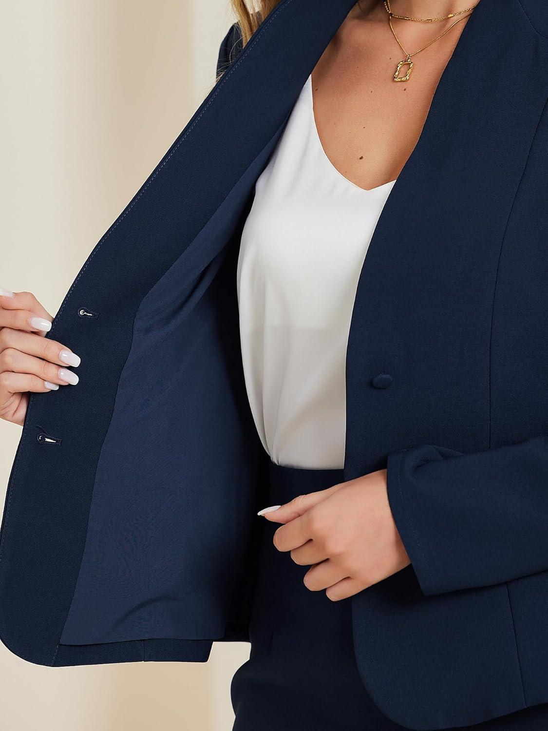 imageAllegra K Suits 2 Piece Skirt Set for Womens Business Office Outfits Collarless Blazer Pencil Skirts Suit SetsDark Blue