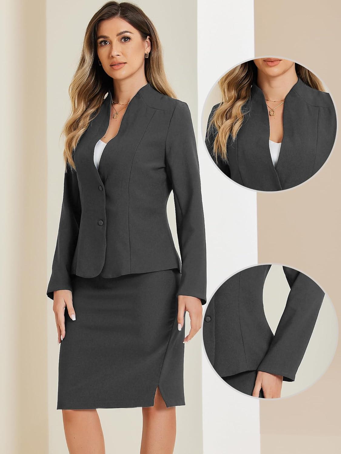 imageAllegra K Suits 2 Piece Skirt Set for Womens Business Office Outfits Collarless Blazer Pencil Skirts Suit SetsDark Grey