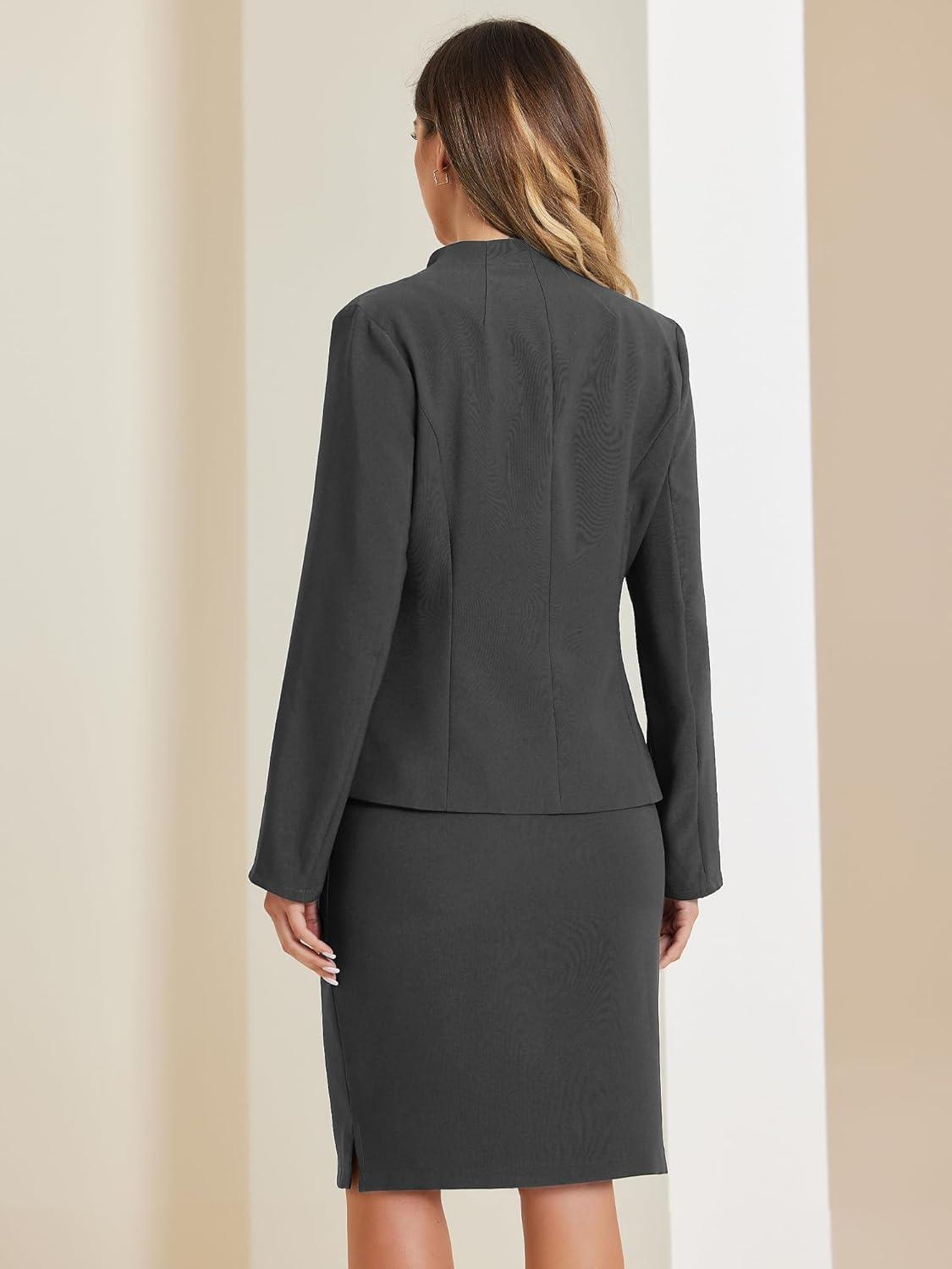 imageAllegra K Suits 2 Piece Skirt Set for Womens Business Office Outfits Collarless Blazer Pencil Skirts Suit SetsDark Grey